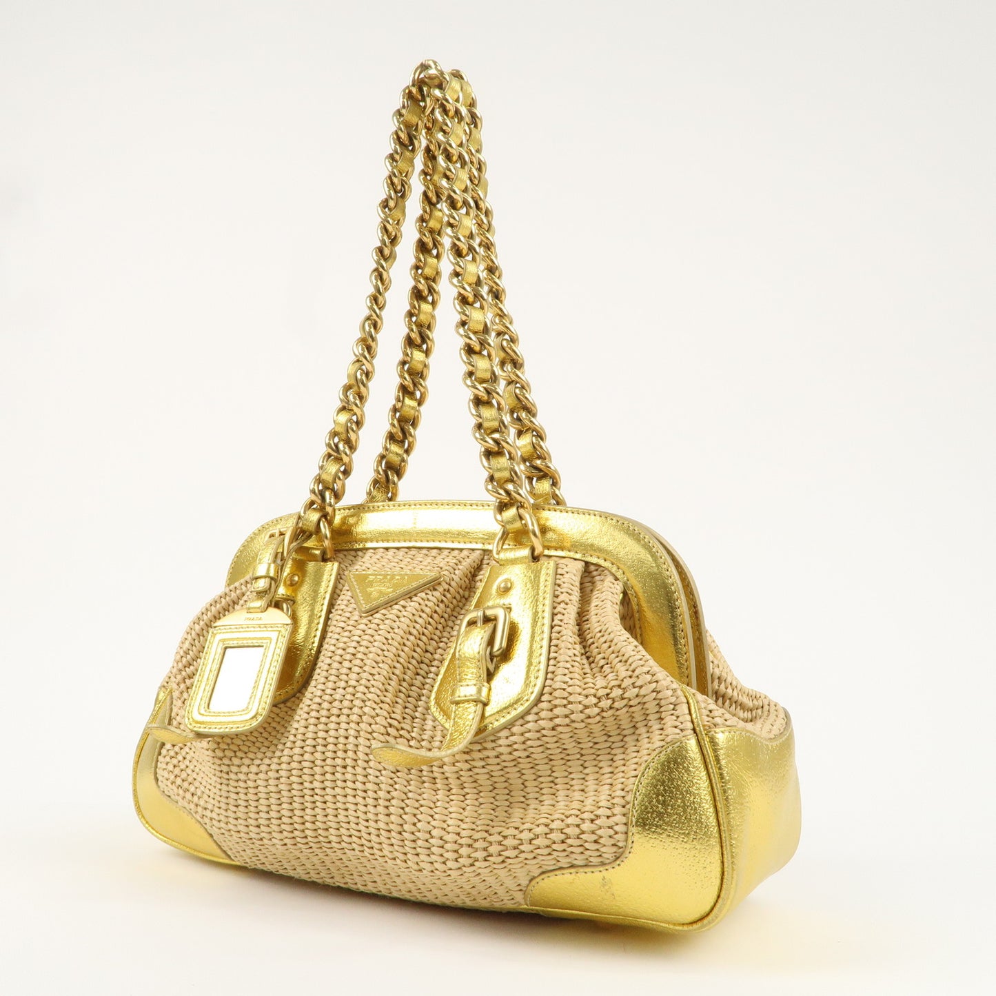 PRADA Raffia Leather Chain Shoulder Bag Natural Gold BR3692