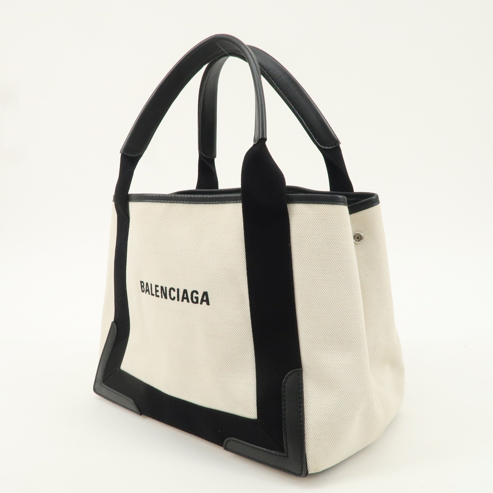 BALENCIAGA Navy Cabas S Canvas Leather Tote Bag Ivory Black 339933