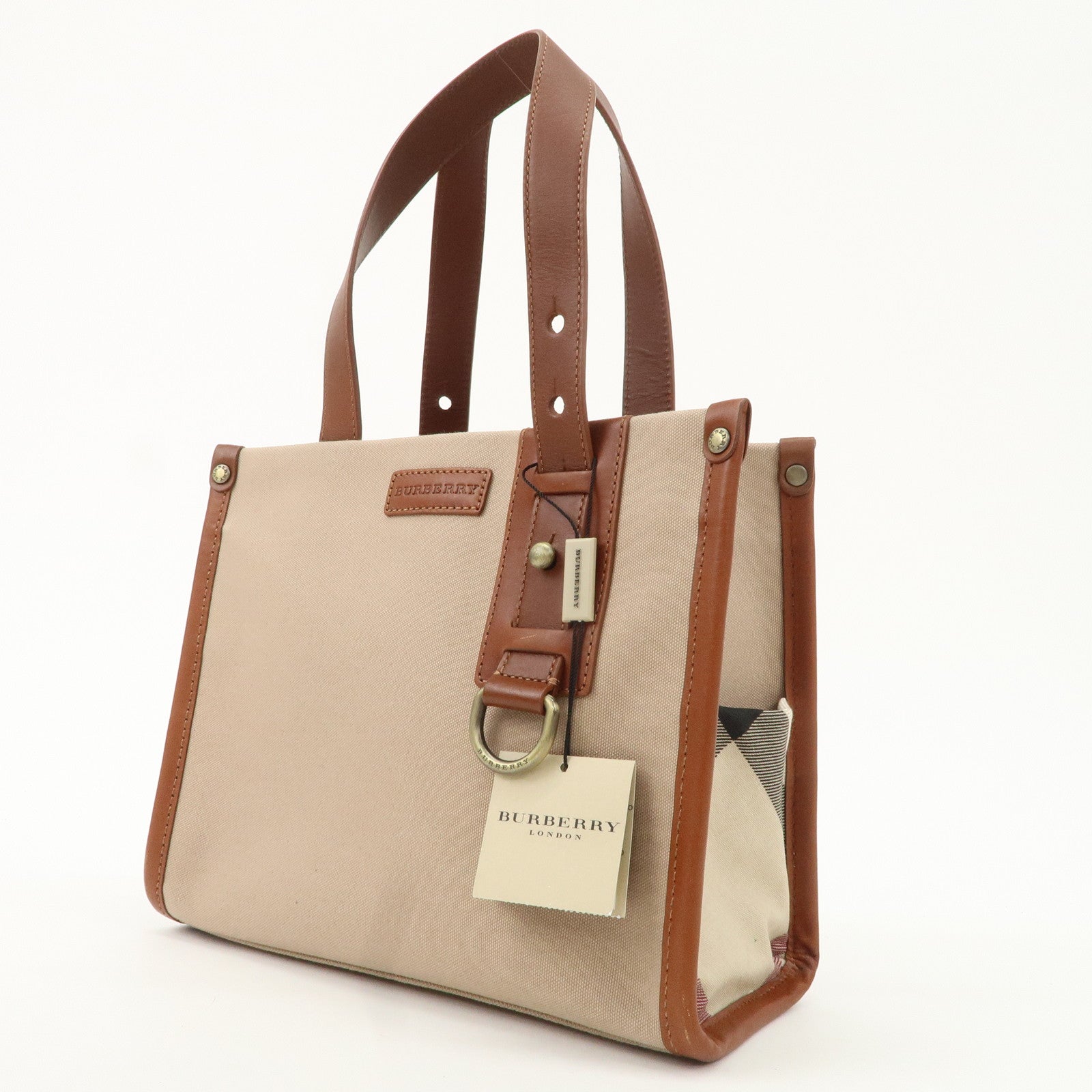 BURBERRY Leather Canvas Tote Bag Hand Bag Beige Brown