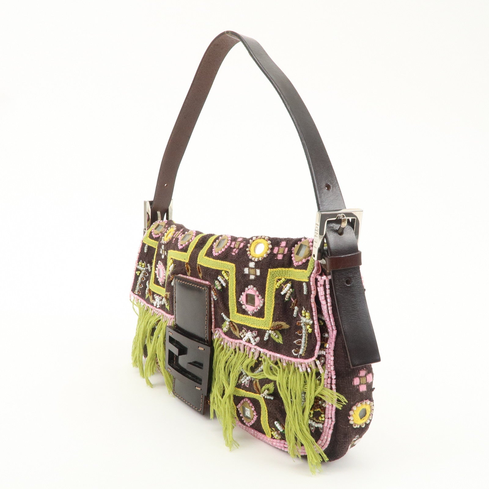 FENDI Mamma Baguette Canvas Leather Embroidery Shoulder Bag 26424