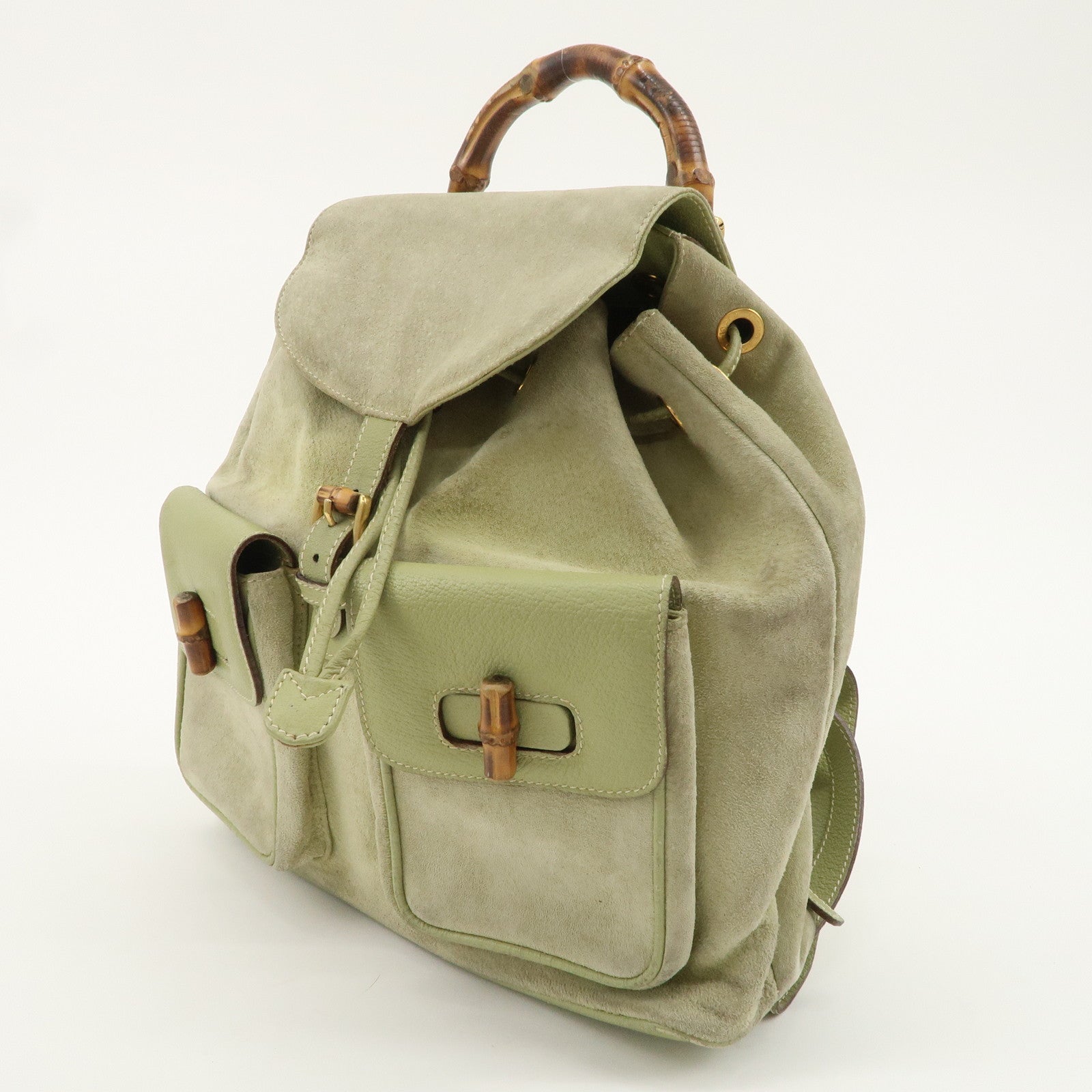 GUCCI Bamboo Suede Leather Ruck Sack Back Pack Green 003.58.0016