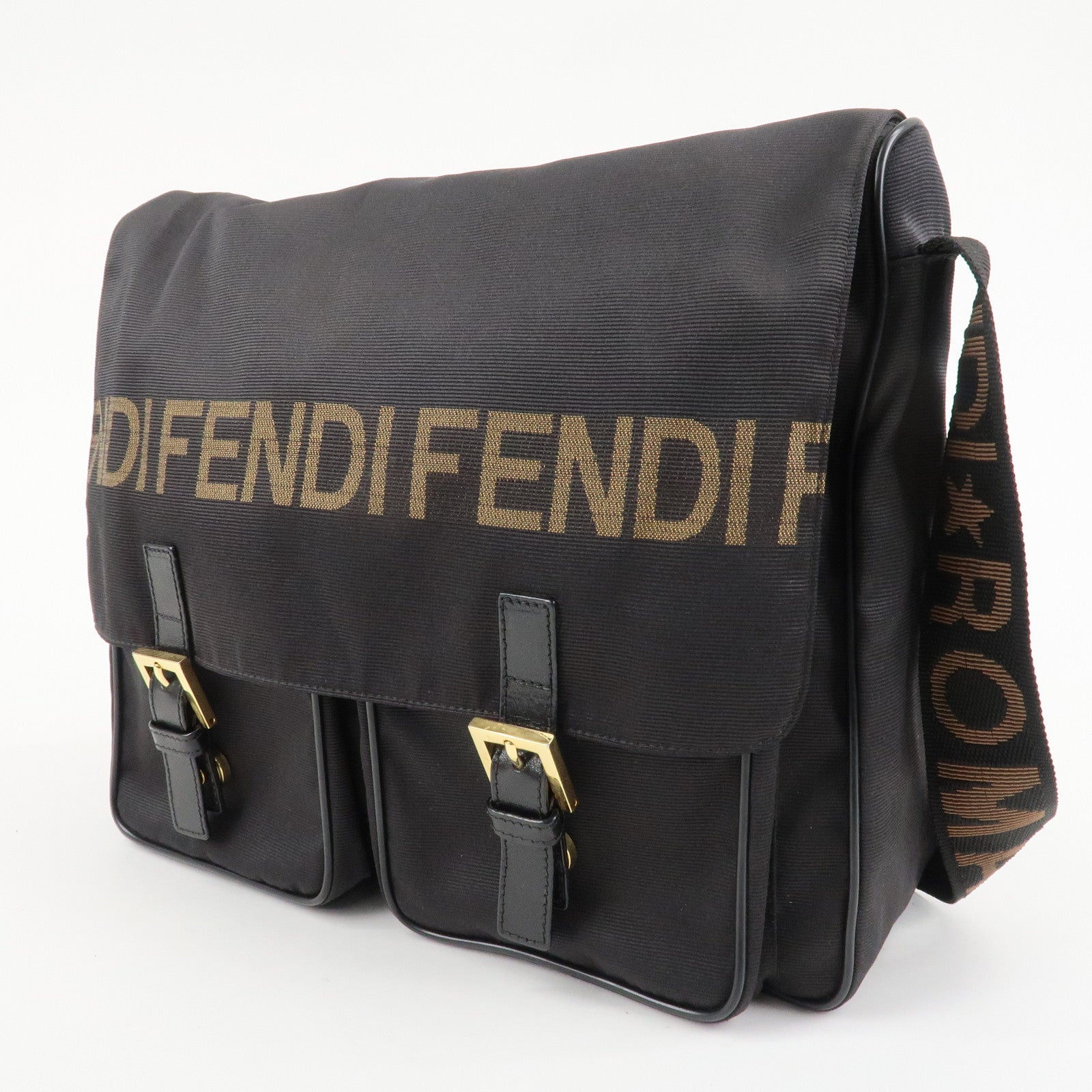 FENDI Nylon Canvas Leather Shoulder Bag Hand Bag Black Brown Used