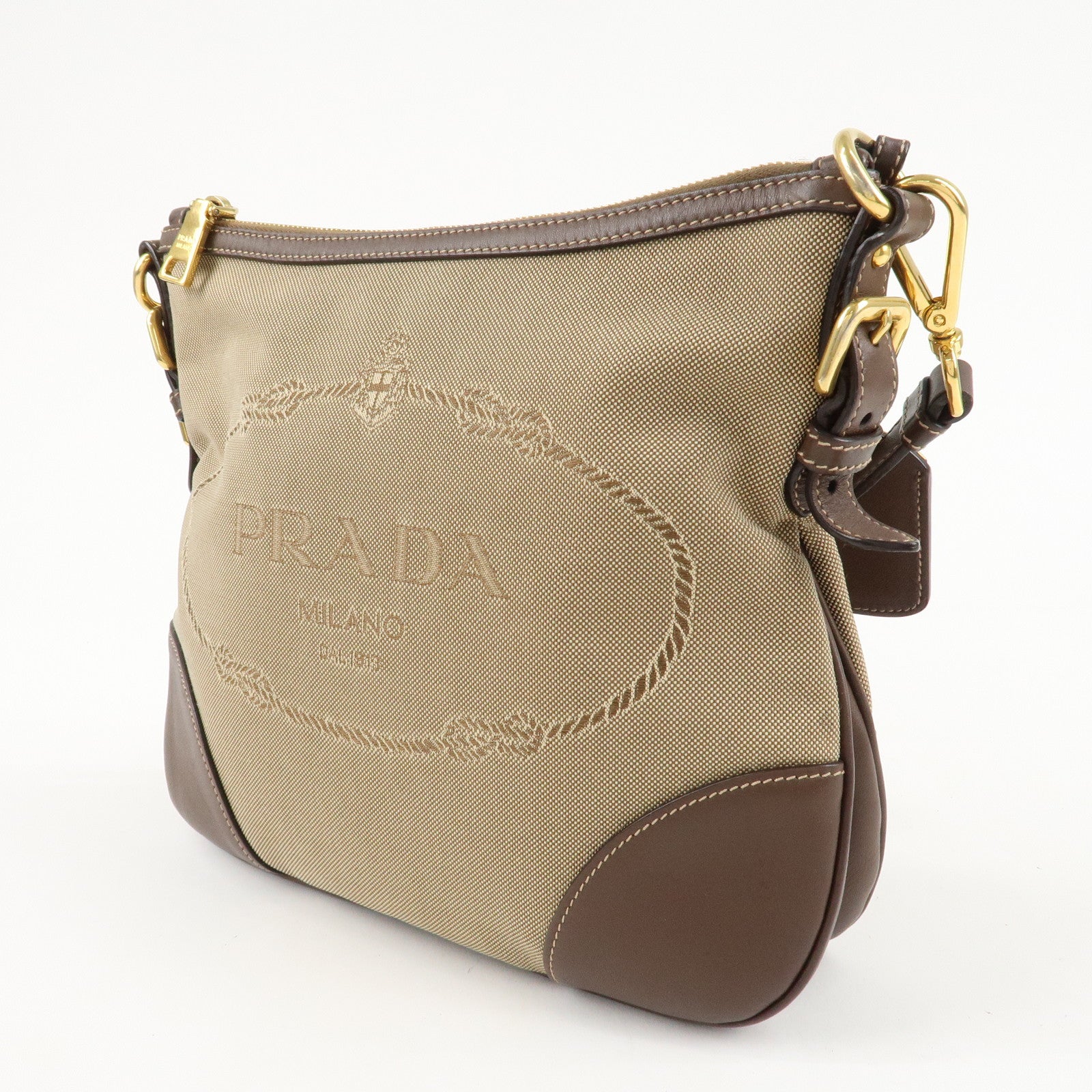 PRADA Jacquard Leather Shoulder Crossbody Bag Beige Brown BT867A