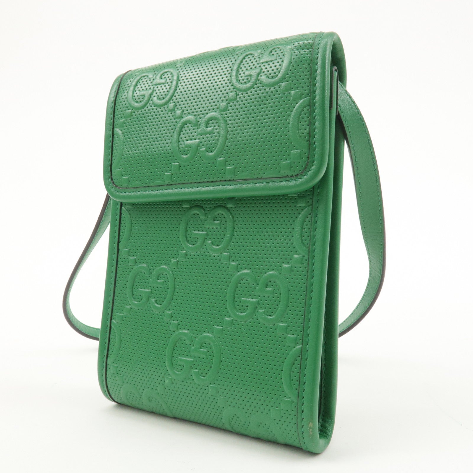 GUCCI GG Embossed Leather Shoulder Bag Green 625571