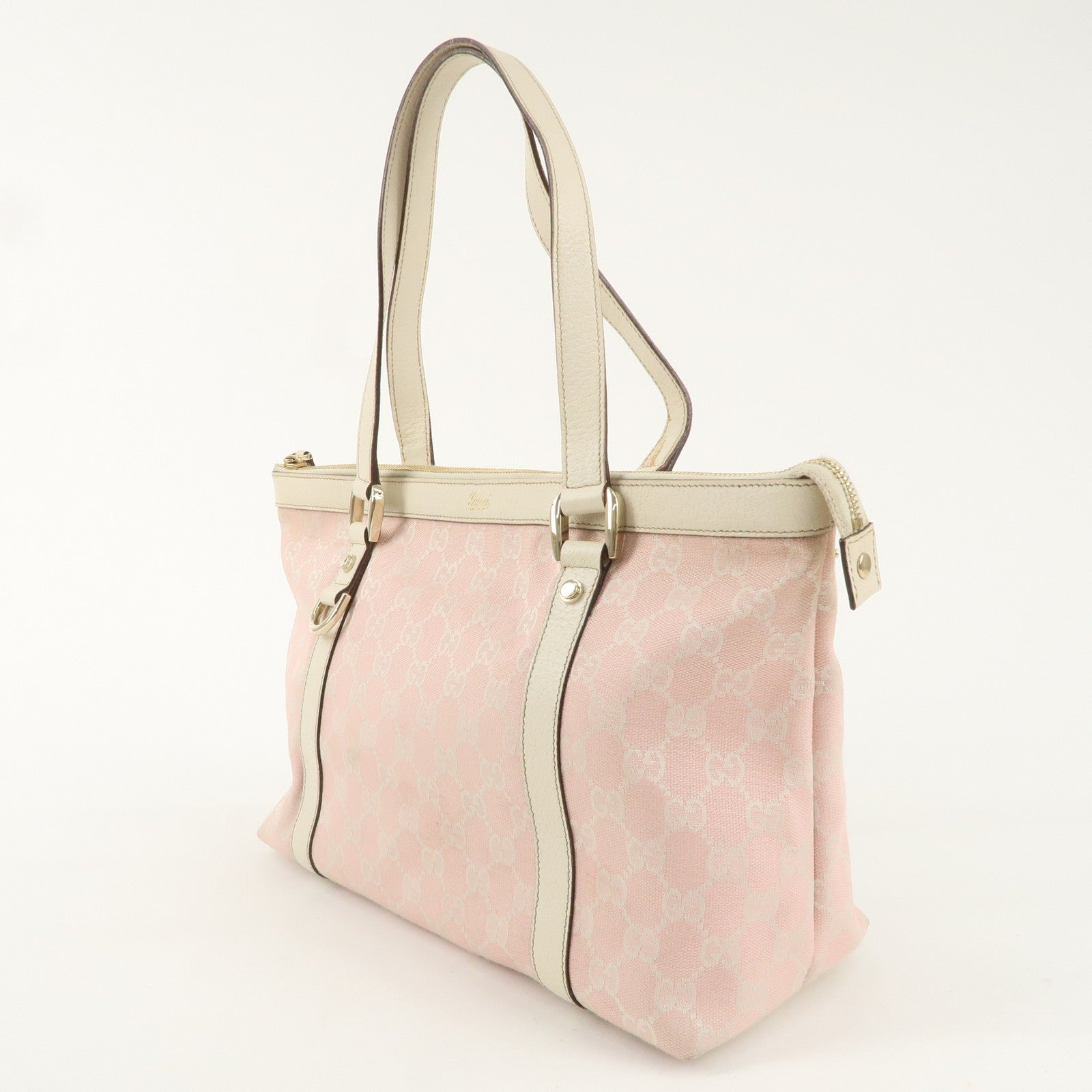 GUCCI Abbey GG Canvas Leather Tote Bag Pink Ivory 141470