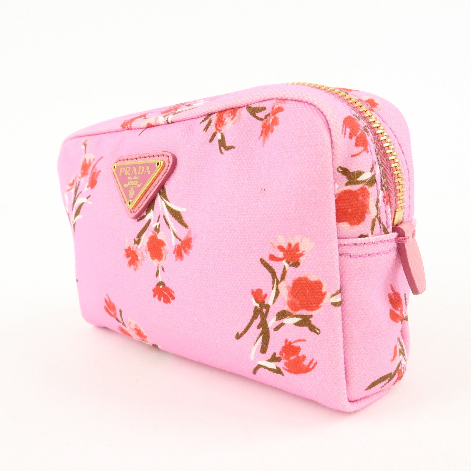 PRADA Canapa Canvas Leather Cosmetic Pouch Flower 1NA021 Pink