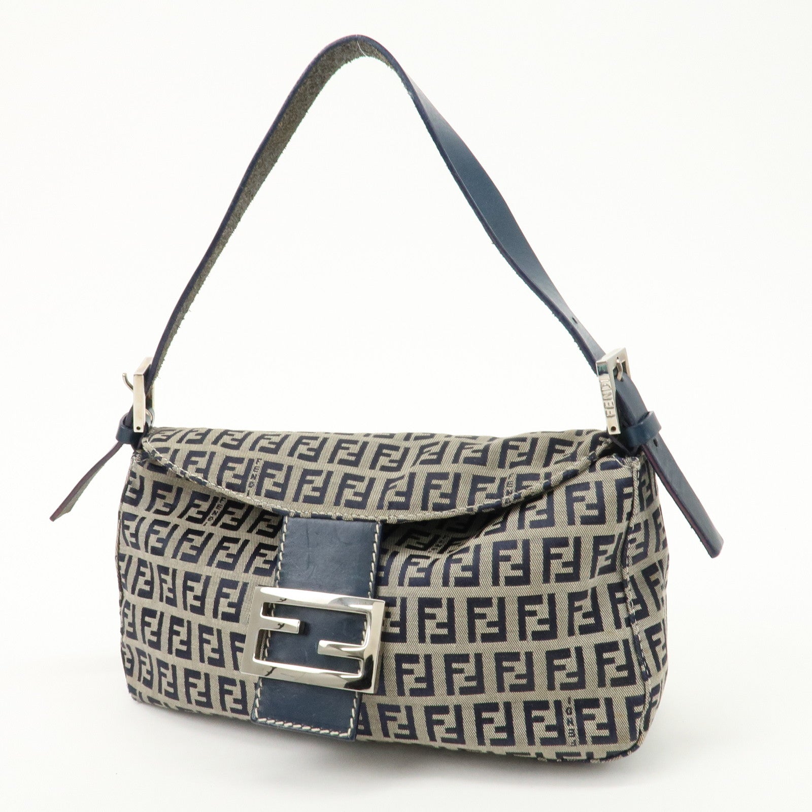 FENDI Zucchino Canvas Leather Shoulder Bag Navy Silver HDW 26725