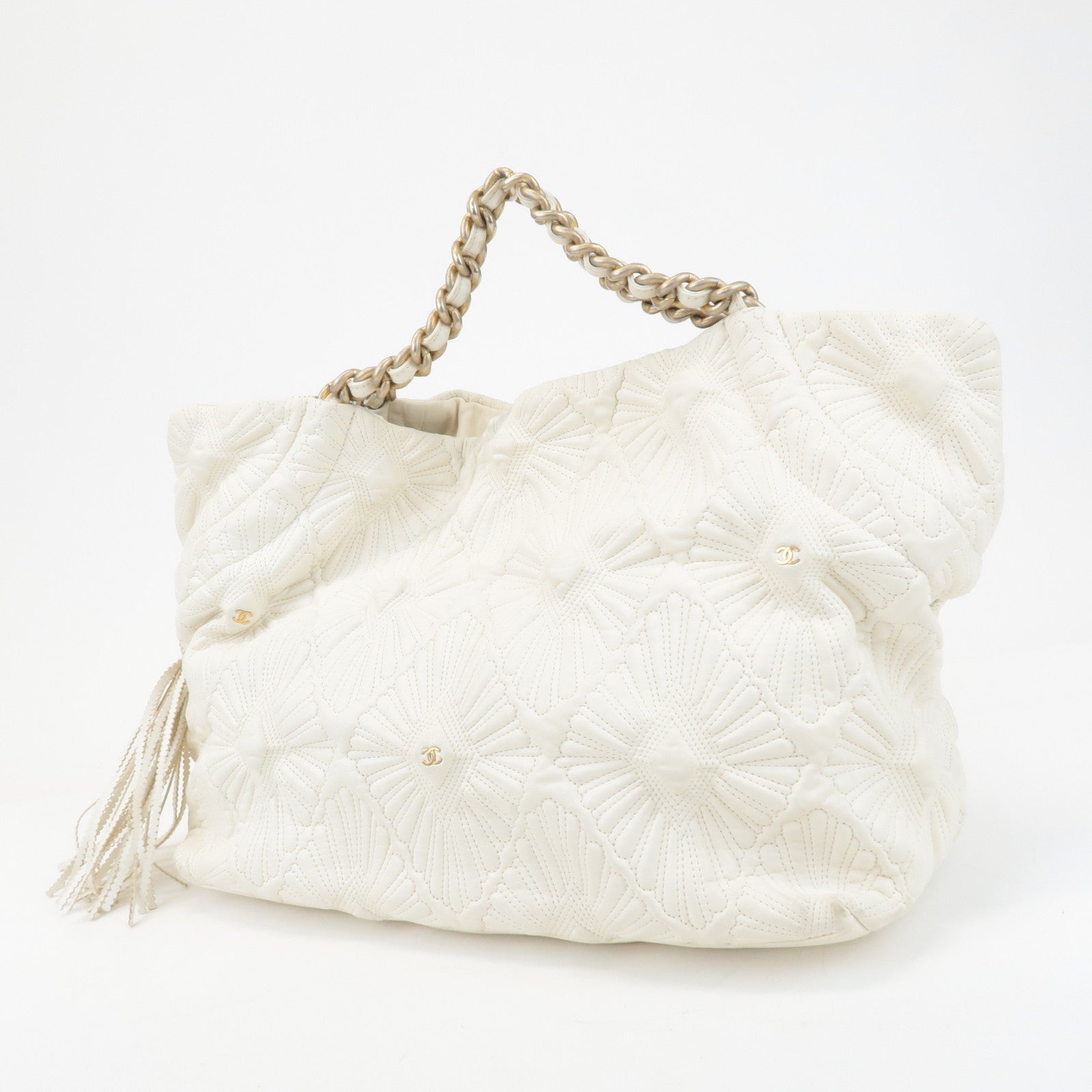 CHANEL Leather Quilting Chain Tote Bag White Used