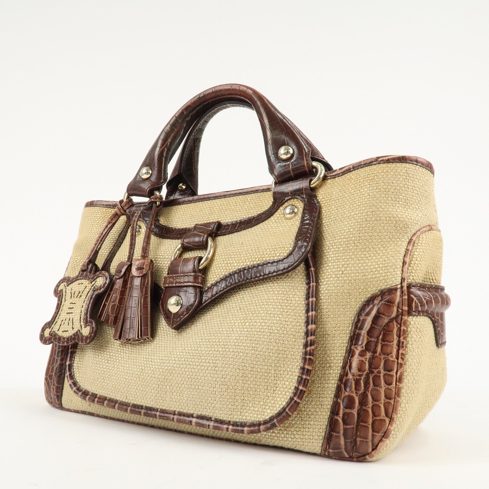 CELINE Straw Leather Boogie Bag Hand Bag Beige Brown Gold HDW Used