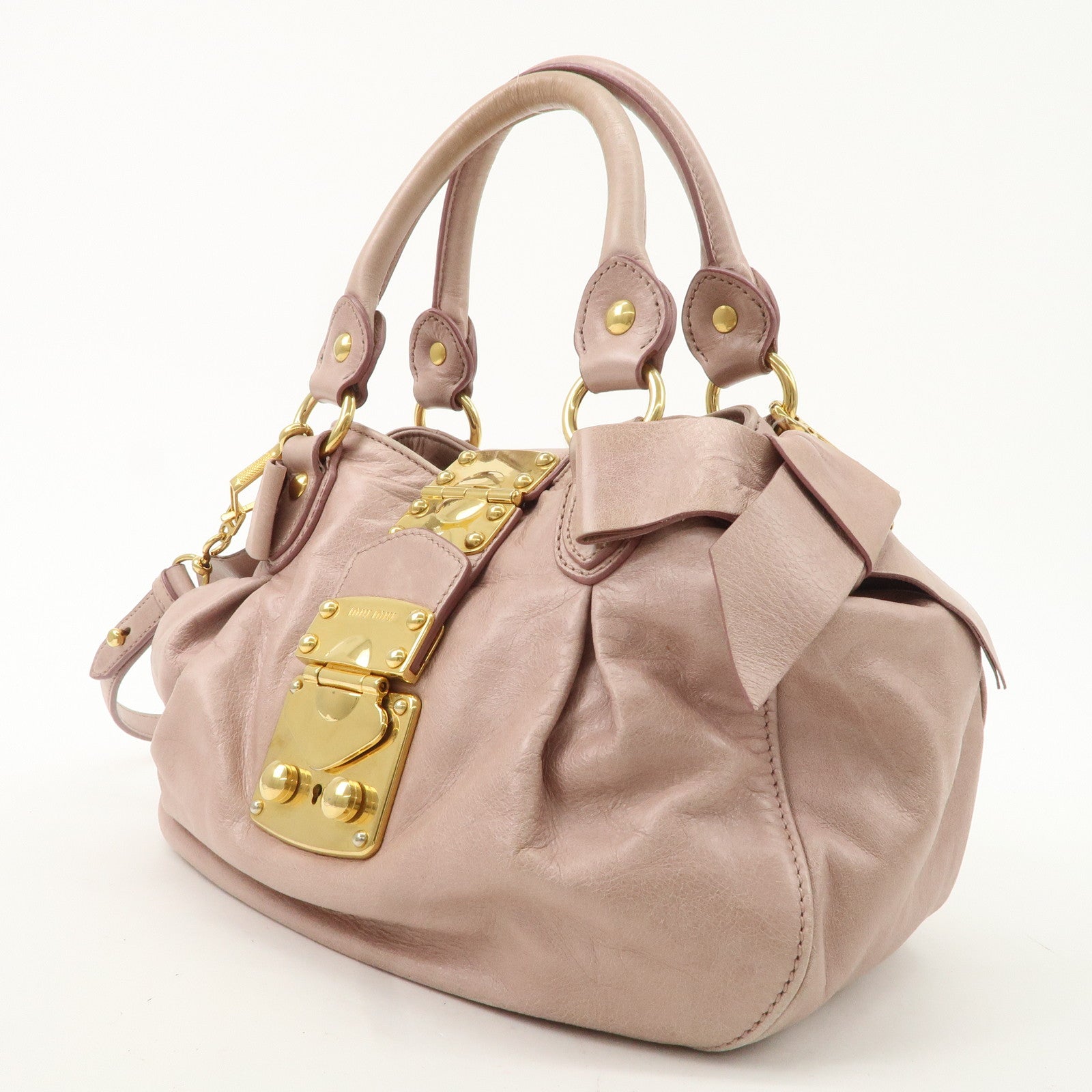 MIU MIU Leather 2WAY Bag Hand Bag Shoulder Bag Gold HDW Beige