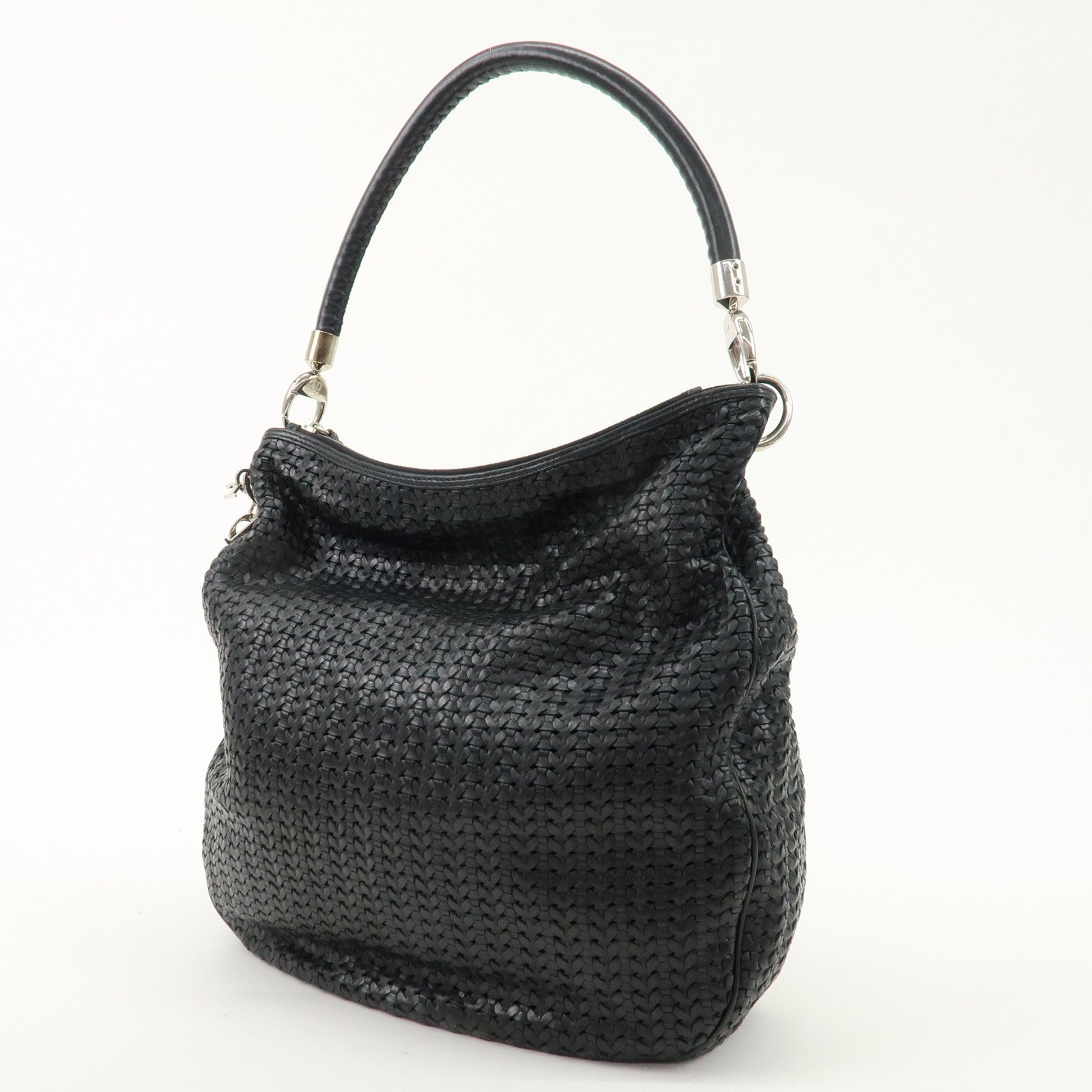 Christian Dior Woven Leather One Shoulder Bag Black Silver HDW