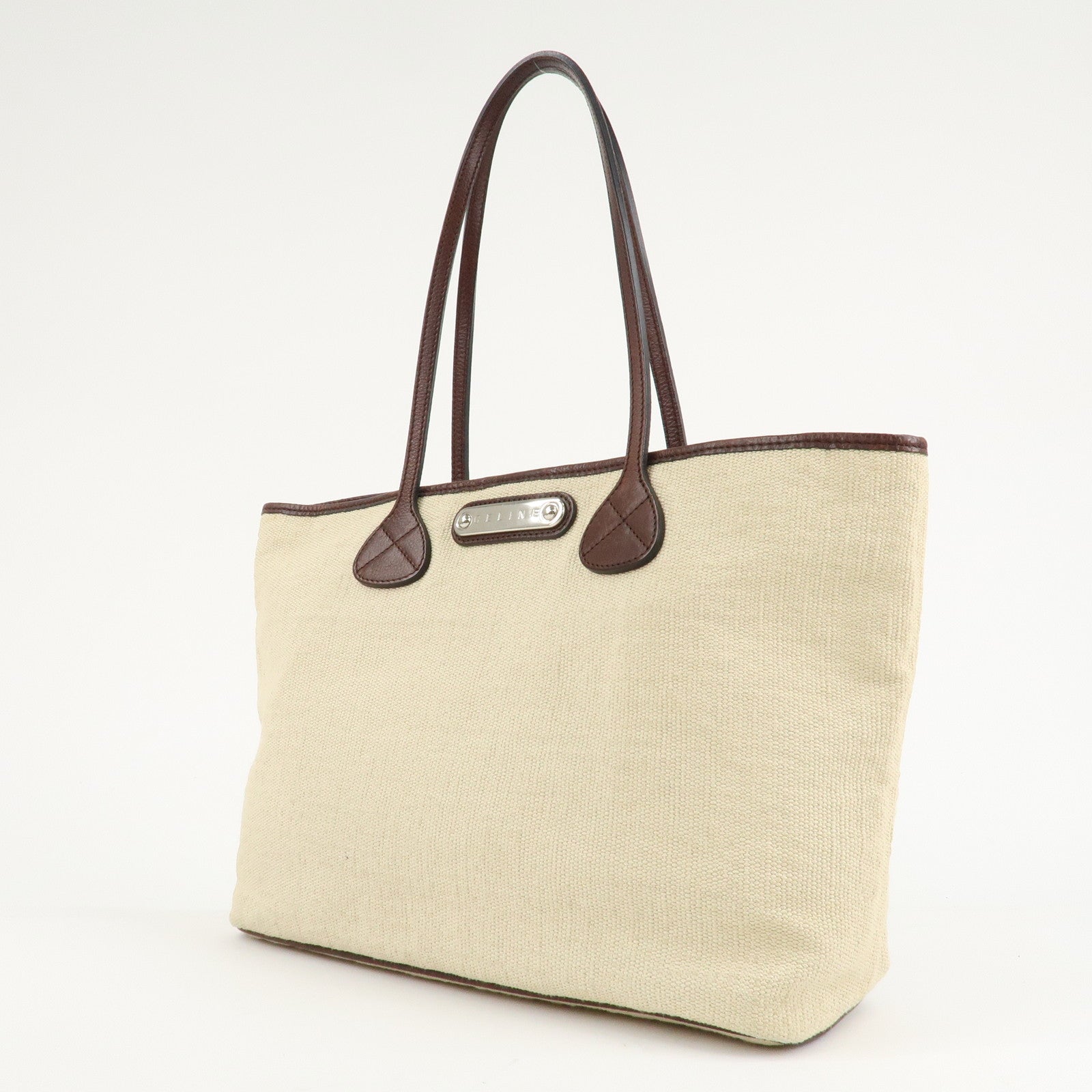 CELINE Canvas Leather Tote Bag Hand Bag Ivory Dark Brown Used