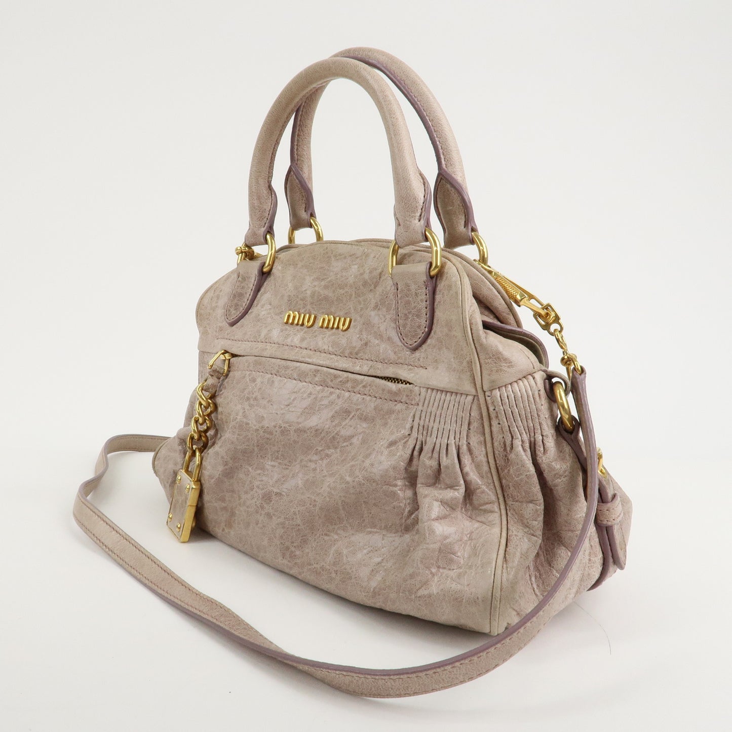 MIU MIU Logo Leather 2 Way Hand Bag Shoulder Bag  Beige