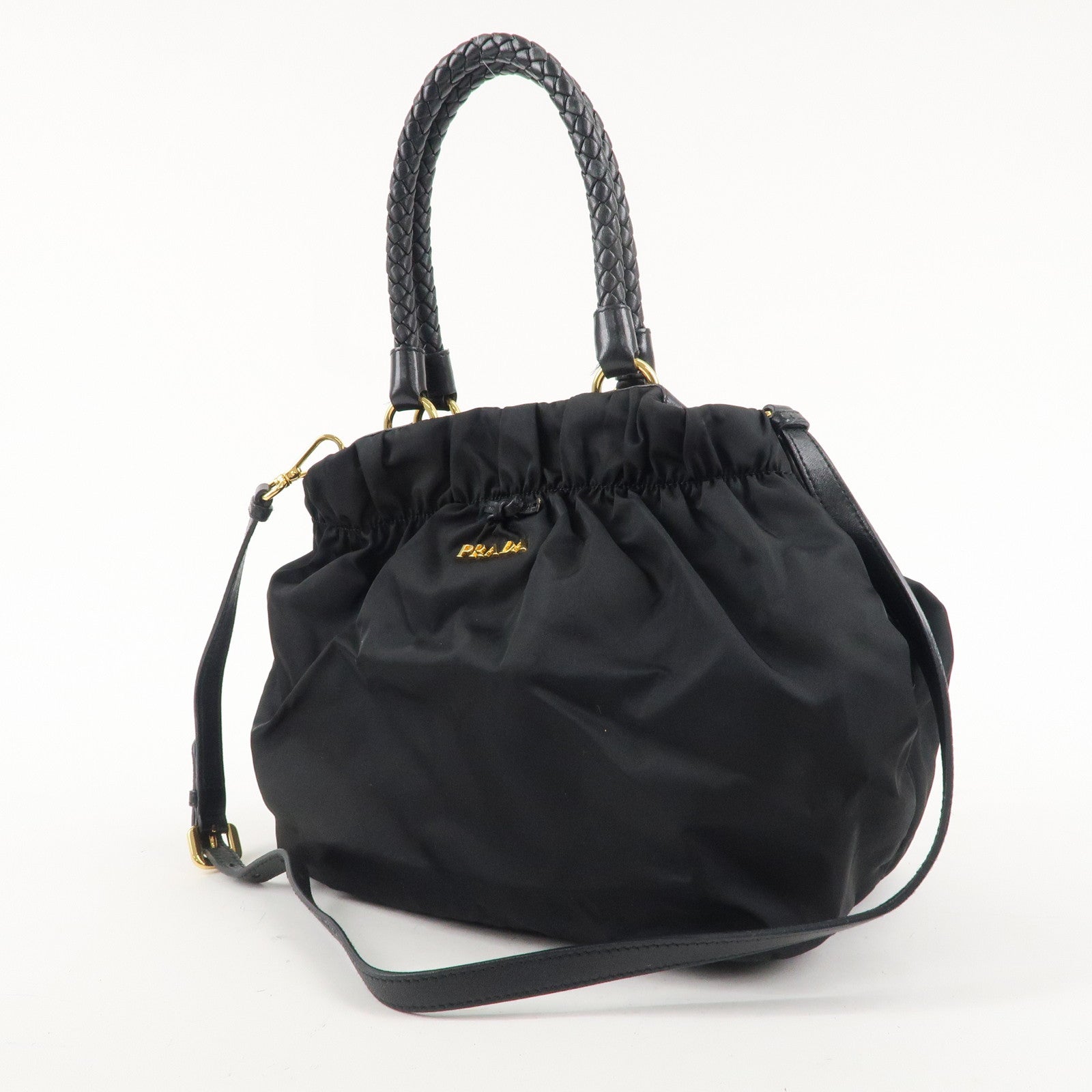 PRADA Nylon Leather Gather 2Way Bag Hand Shoulder Bag Black