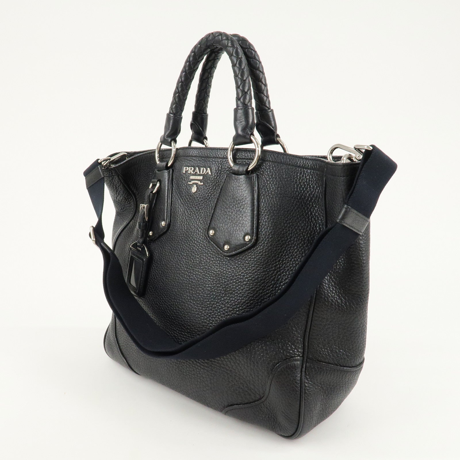 PRADA Leather 2 Way Bag Tote Bag Black Silver Hardware