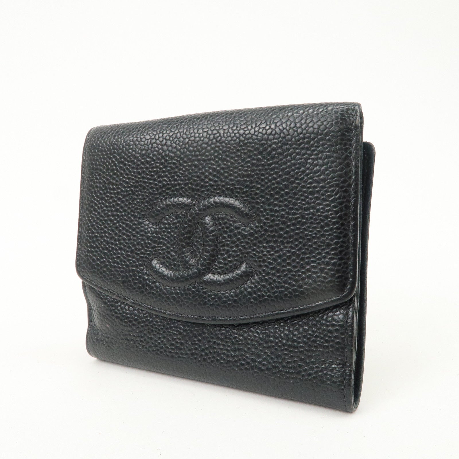 CHANEL COCO Mark Caviar Skin Double Hook Wallet Black A13496 Used