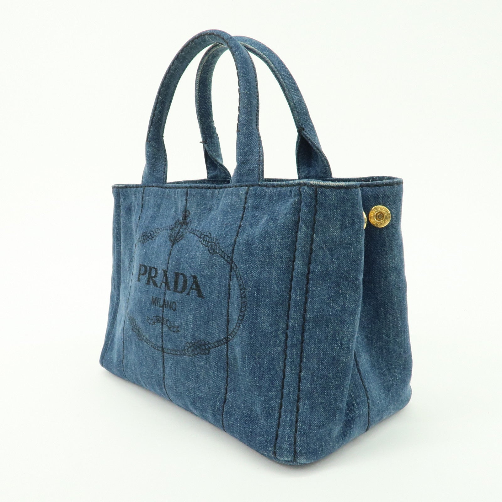 PRADA Logo Canapa Mini Denim Tote Hand Bag Blue 1BG439