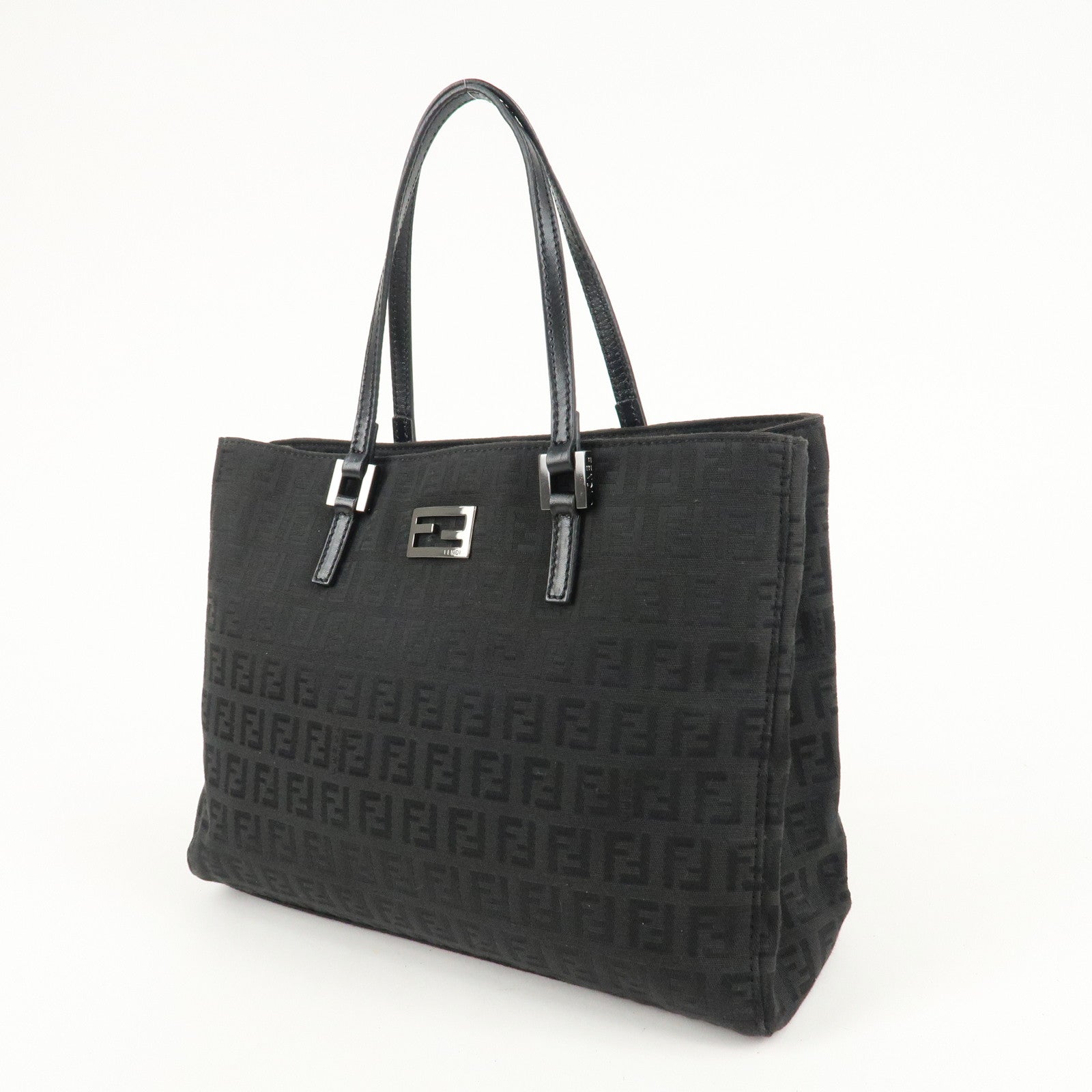 FENDI Zucchino Canvas Leather Tote Bag Hand Bag Black 8BH132