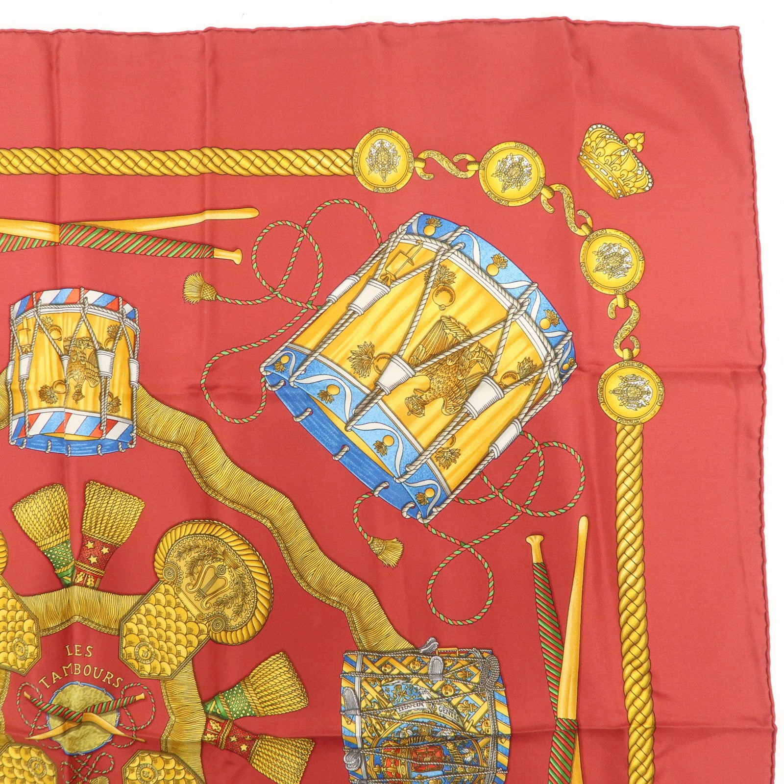 HERMES Carre 90 100% Silk Scarf LES TAMBOURS Drum Print Wine Red Used
