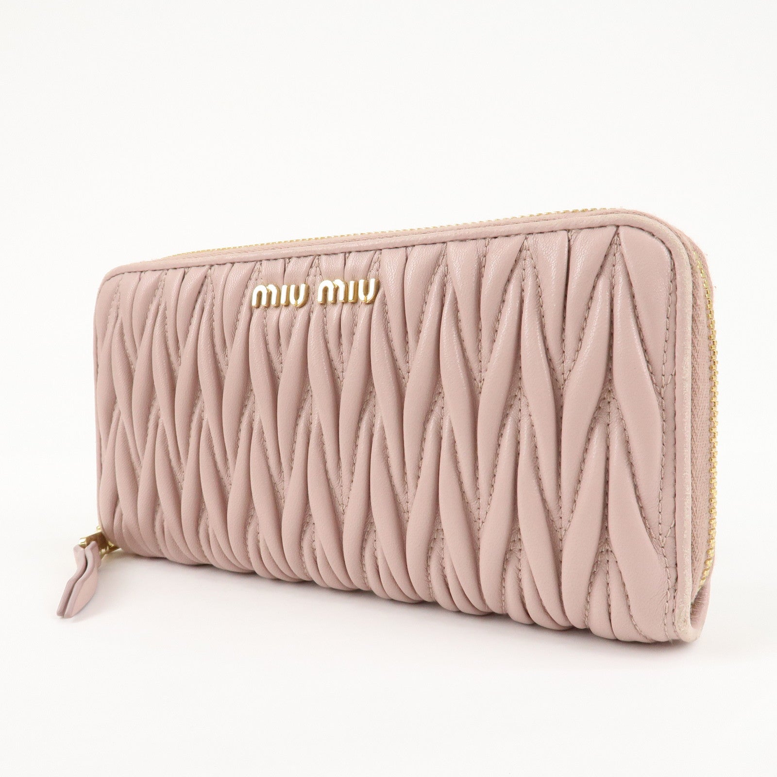 MIU MIU Matelasse Leather Round Zipper Long Wallet Pink Beige