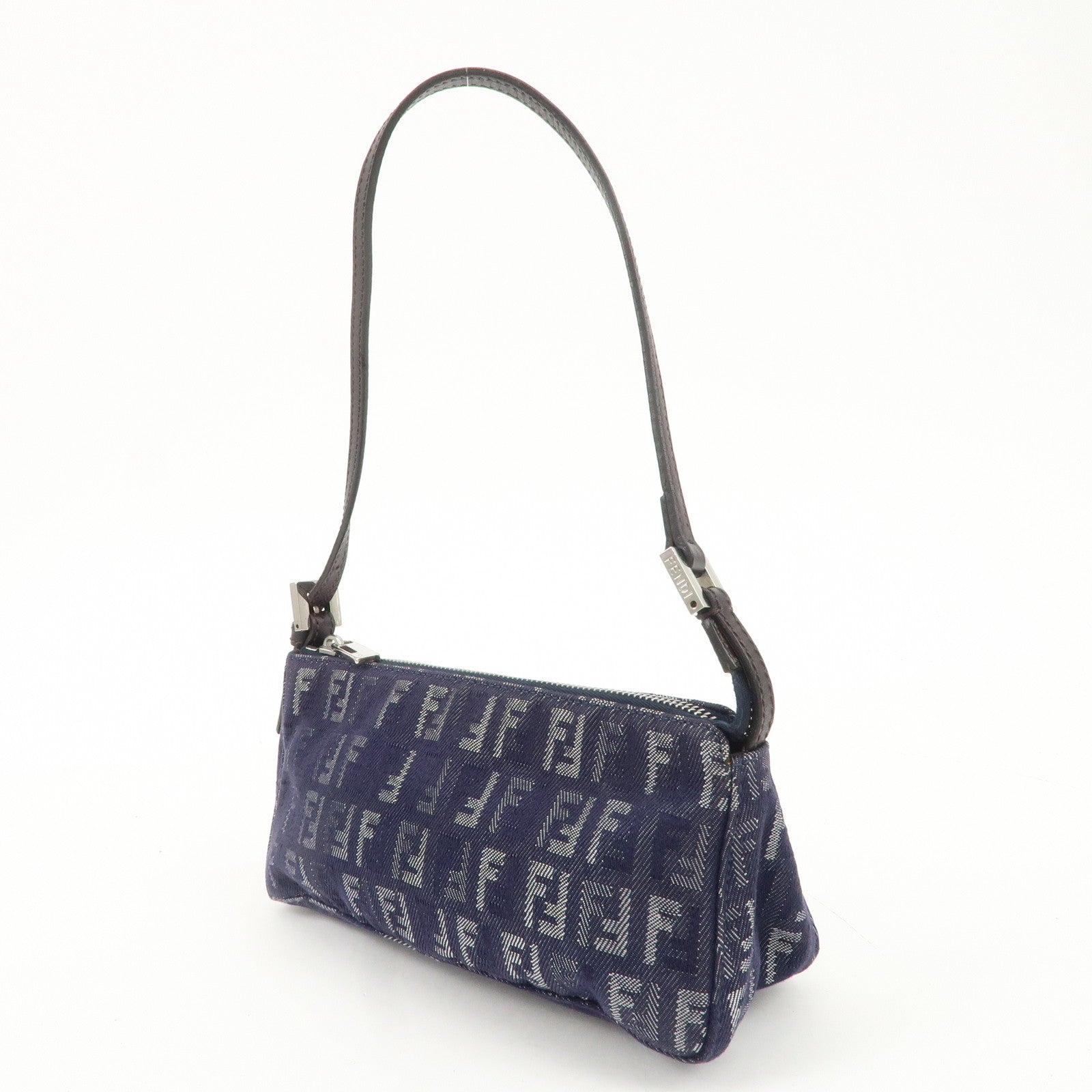 FENDI Zucchino Canvas Leather Shoulder Bag Pouch Navy 8BR249