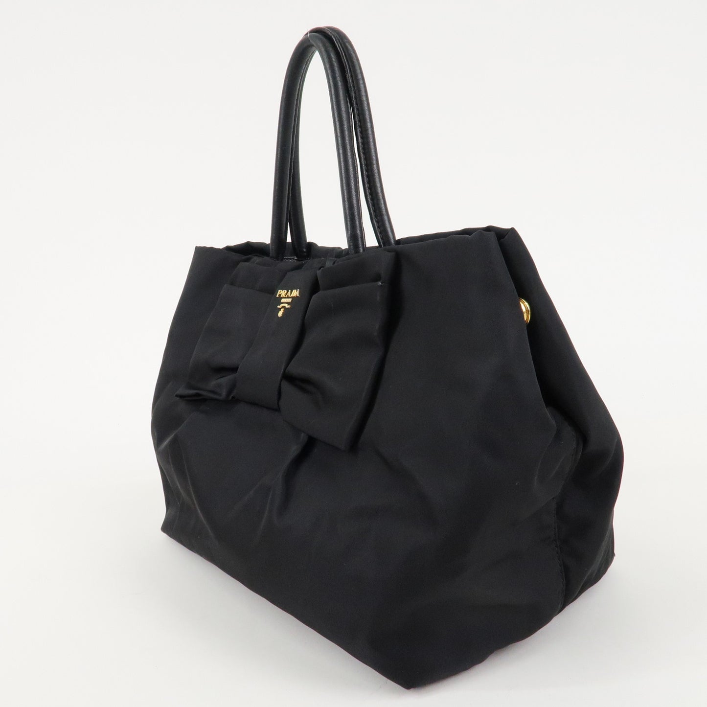 PRADA Nylon Leather Ribbon Hand Bag Tote Bag Black Nero Gold HDW