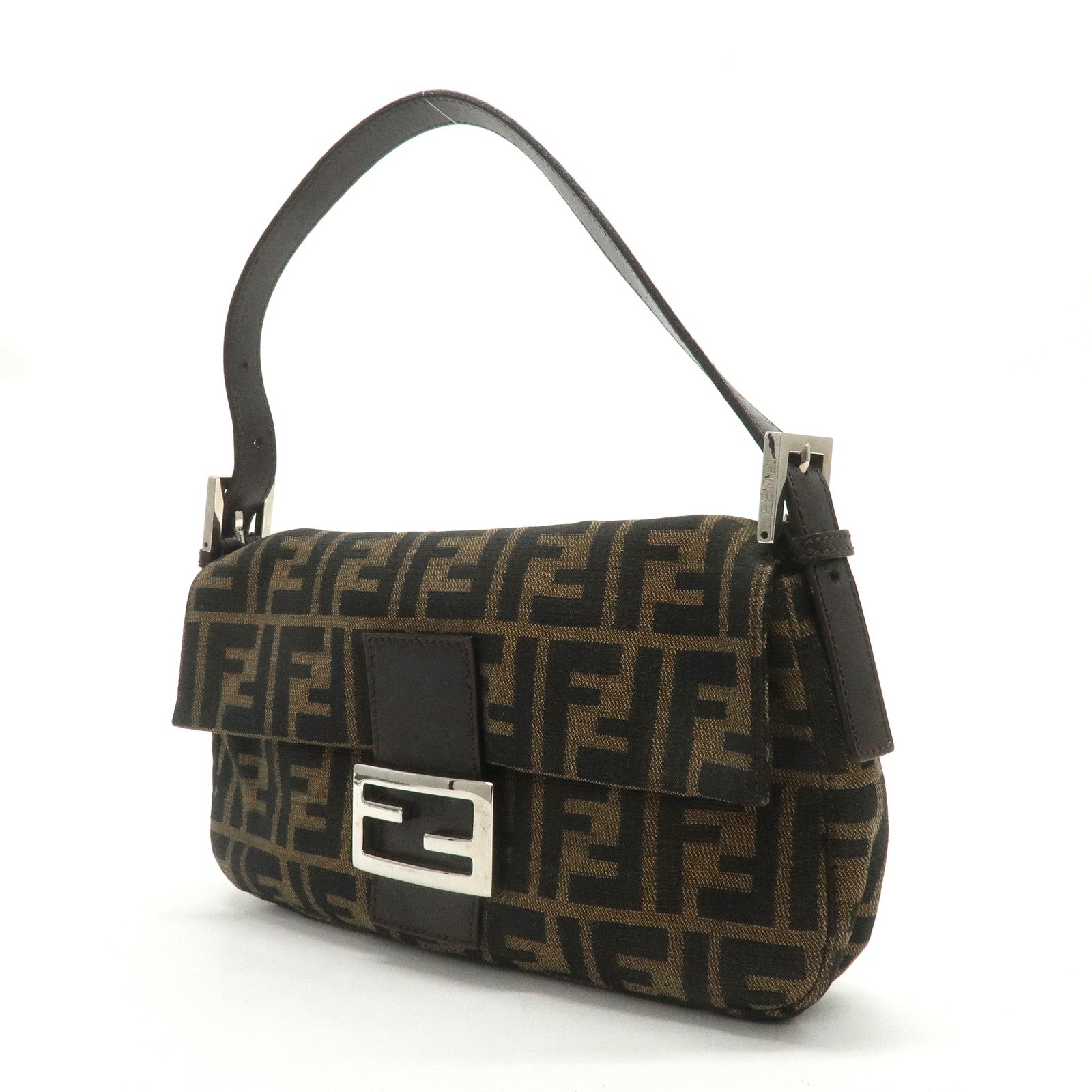 FENDI Mamma Baguette Canvas Shoulder Bag Brown Black 26424