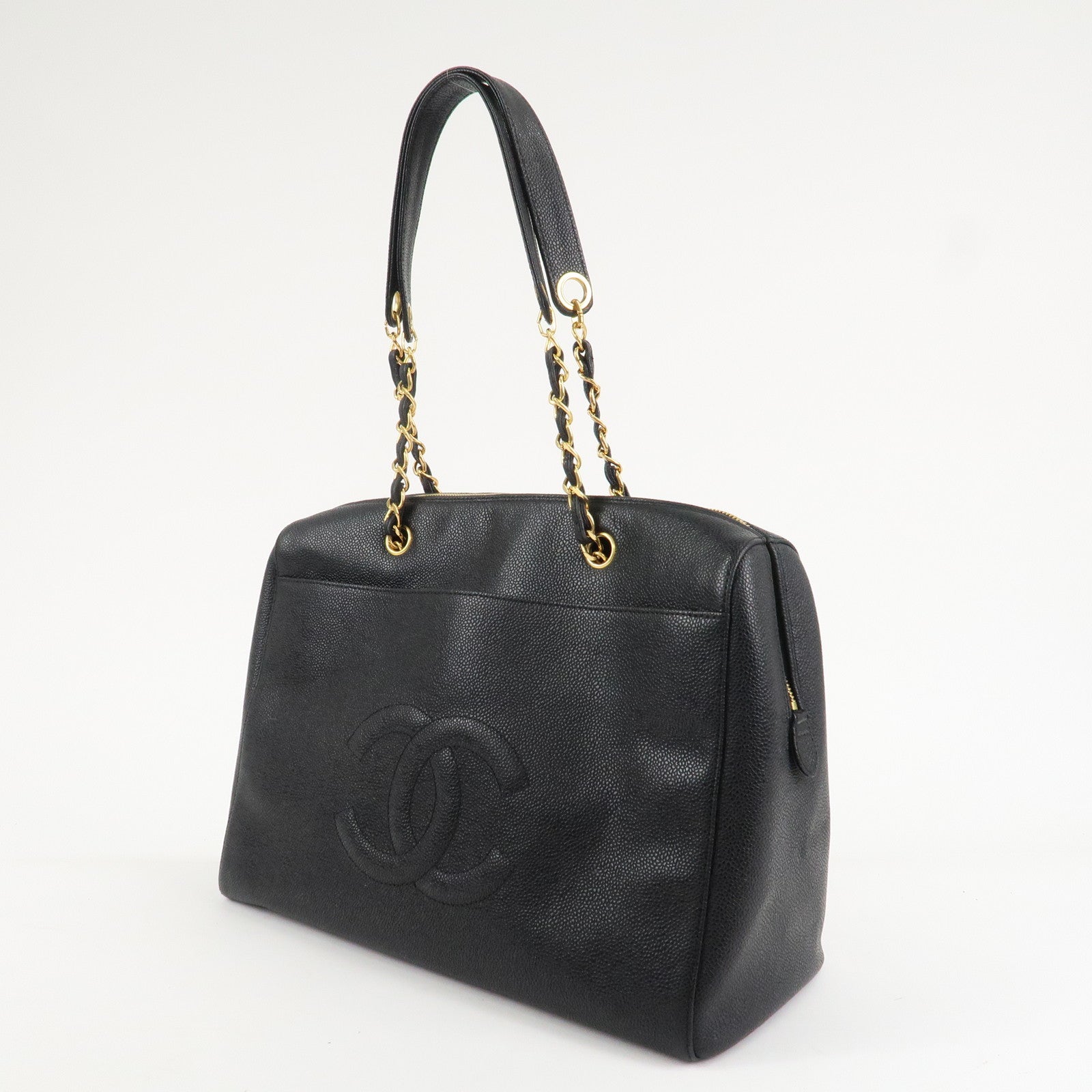 CHANEL COCO Mark Caviar Skin Chain Shoulder Tote Bag Black Used