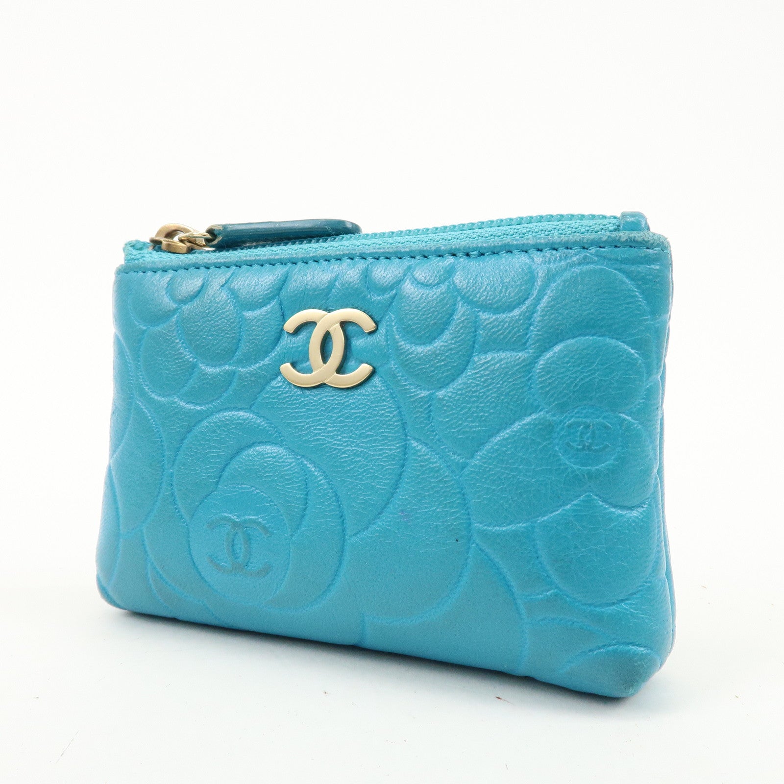 CHANEL Camellia Coco Mark Lamb Skin Coin Case Blue A50090