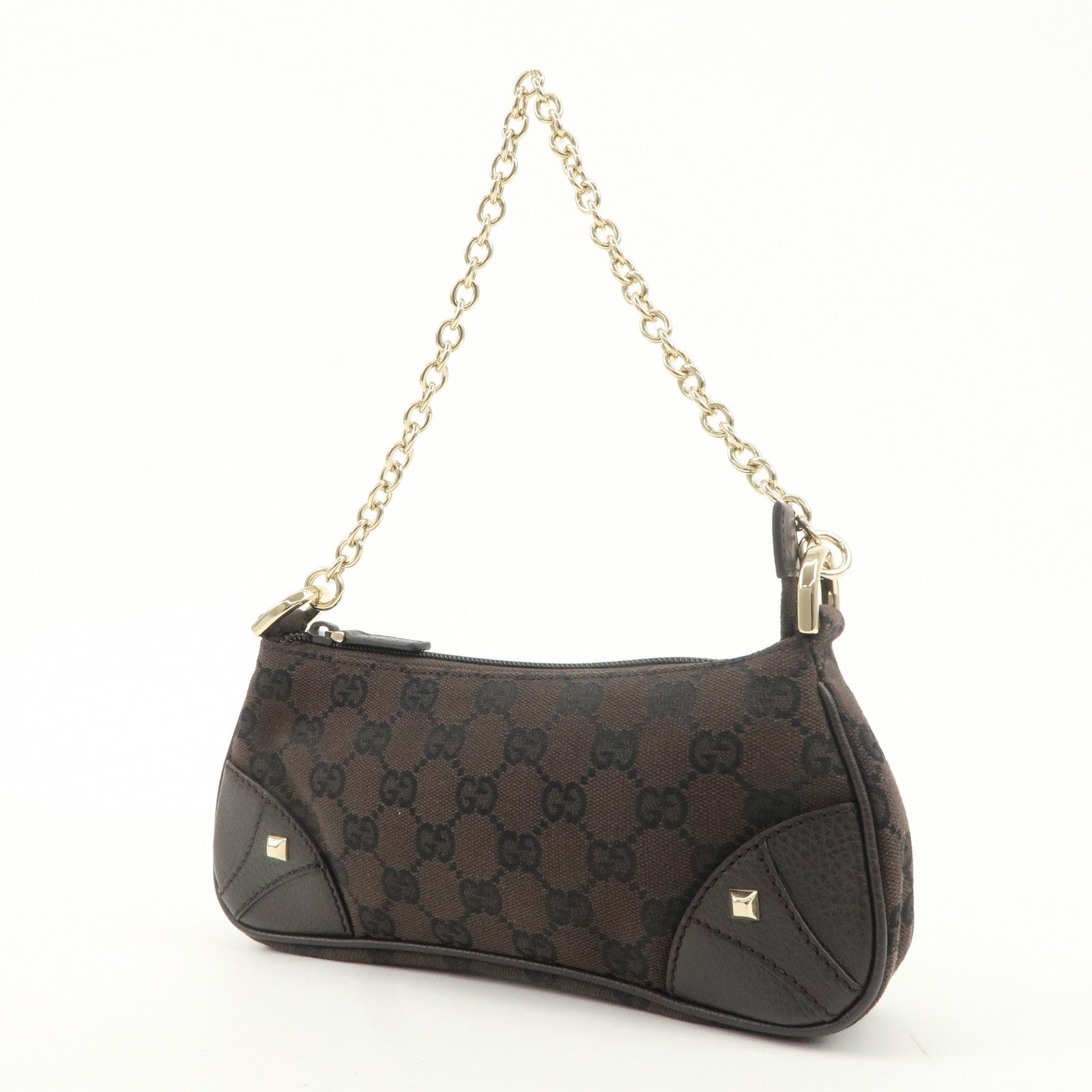 GUCCI GG Canvas Leather Chain Shoulder Bag Dark Brown 27383