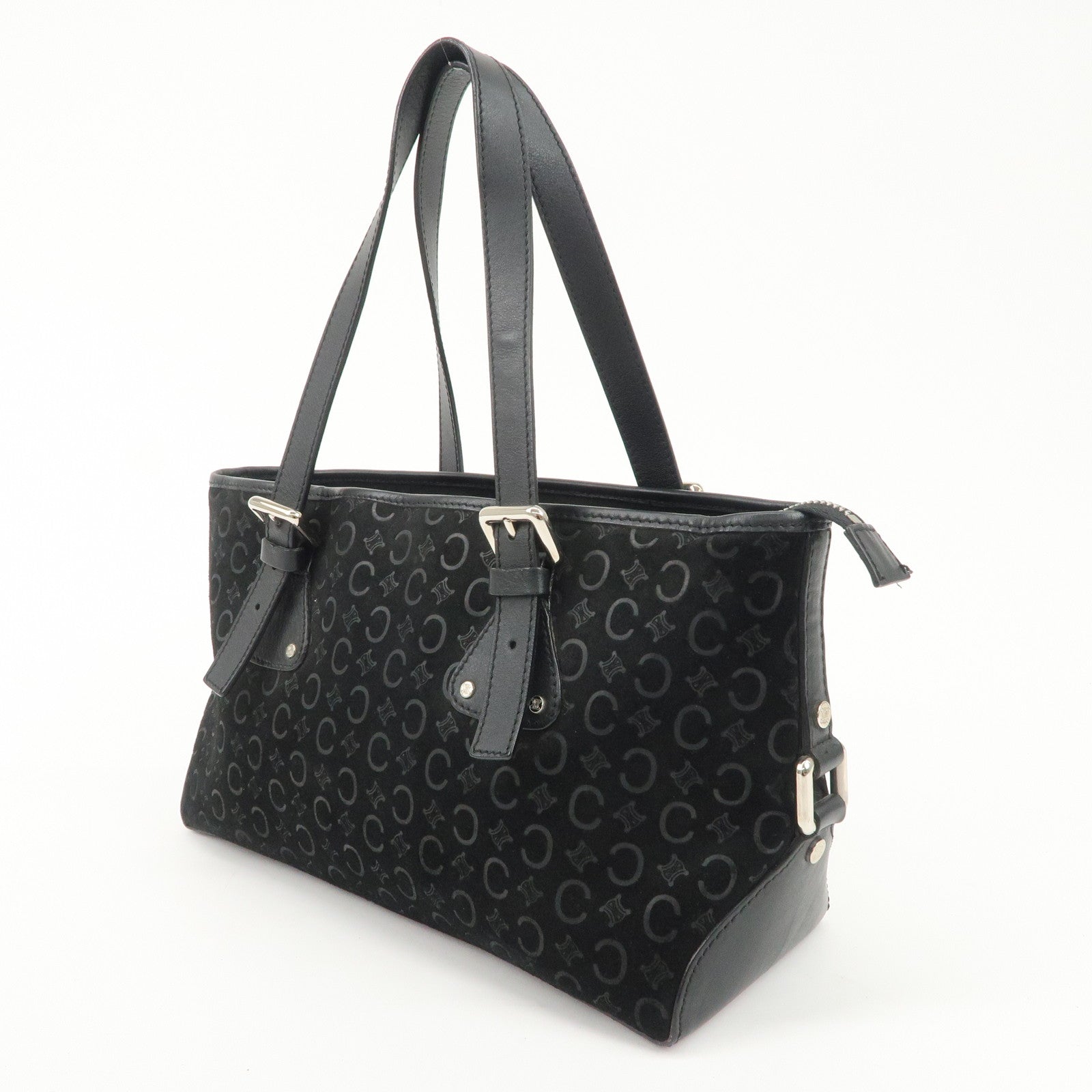 CELINE C Macadam Suede Leather Tote Bag Black Used