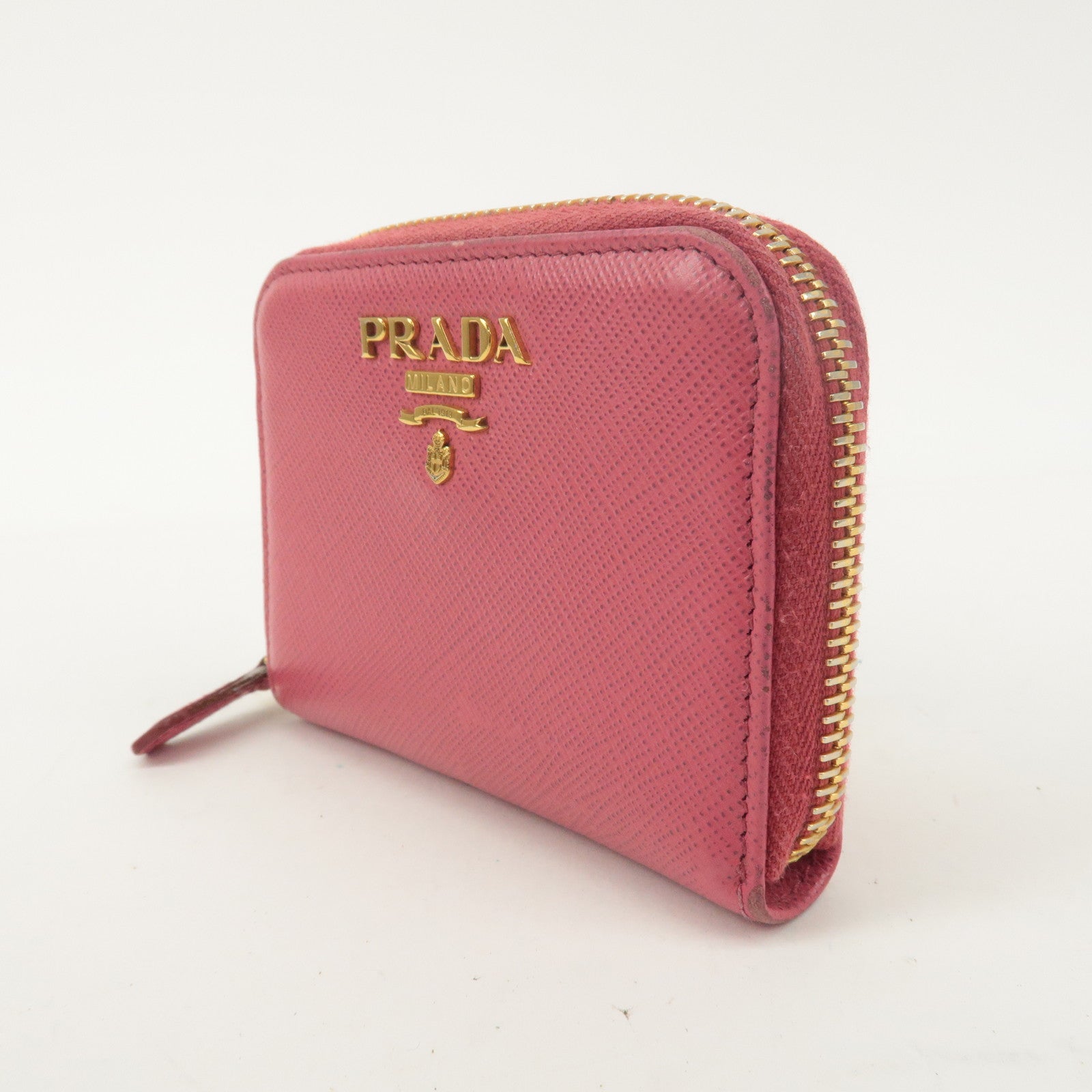 PRADA Logo Saffiano Leather Round Zipper Small Wallet Pink 1MM268