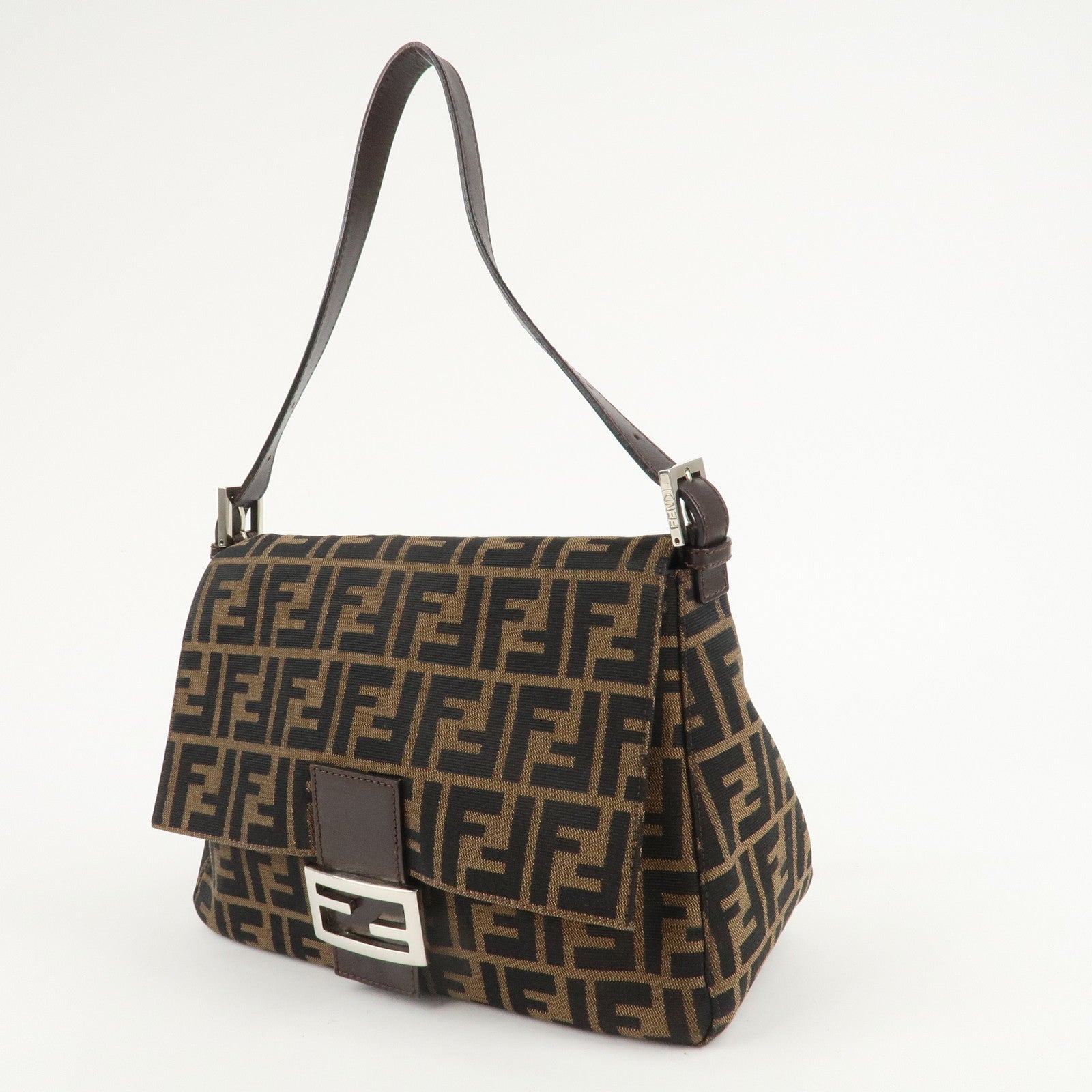 FENDI Mamma Baguette Zucca Canvas Shoulder Bag Brown Black 26325