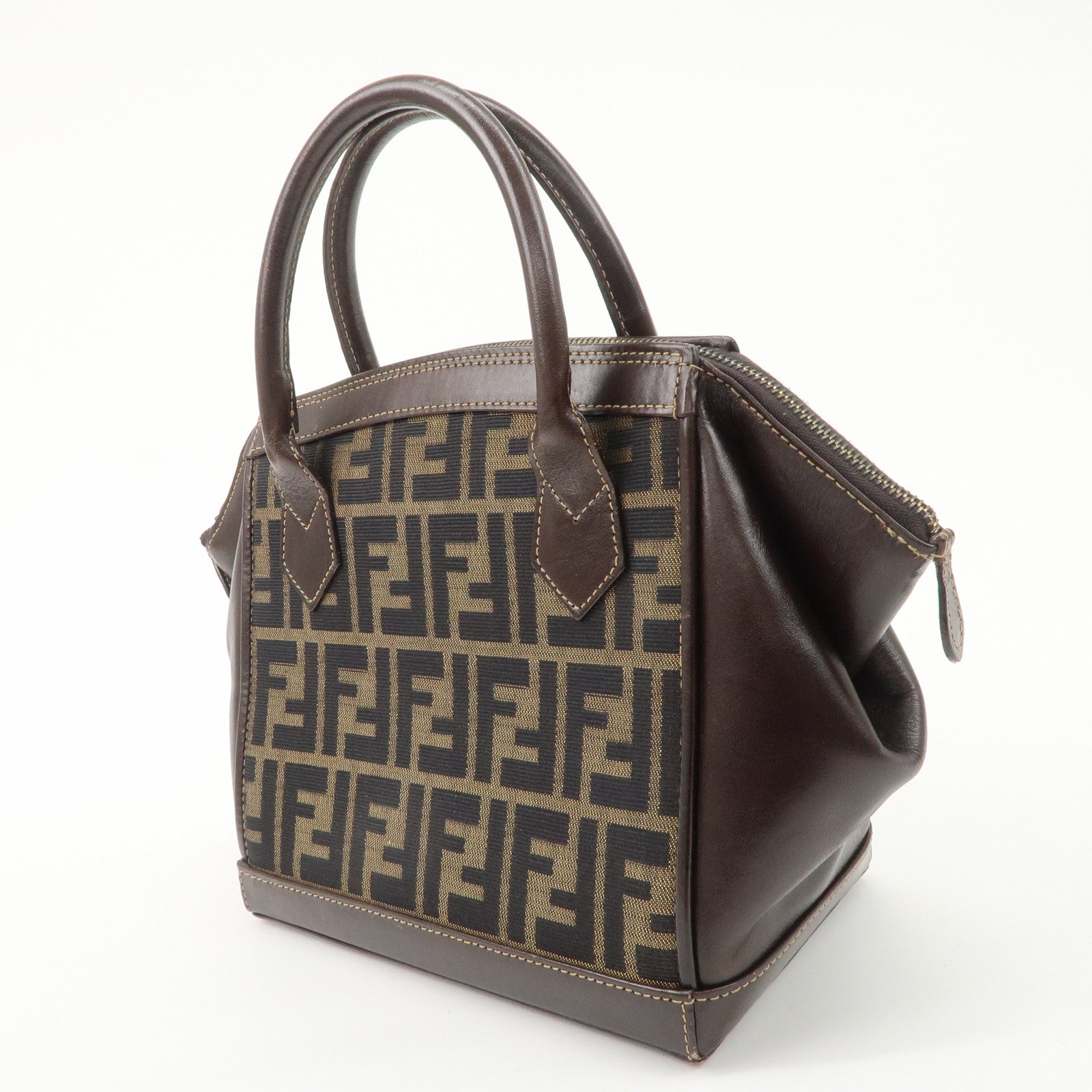 FENDI Zucca Canvas Leather 2 way Leather Hand Bag Shoulder Bag Used