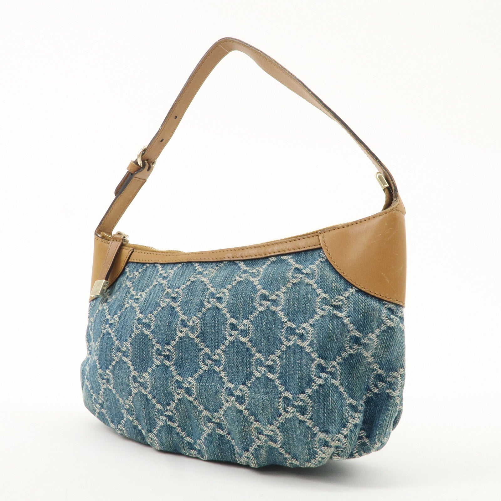 GUCCI GG Canvas Leather Hand Bag Blue Brown 224093