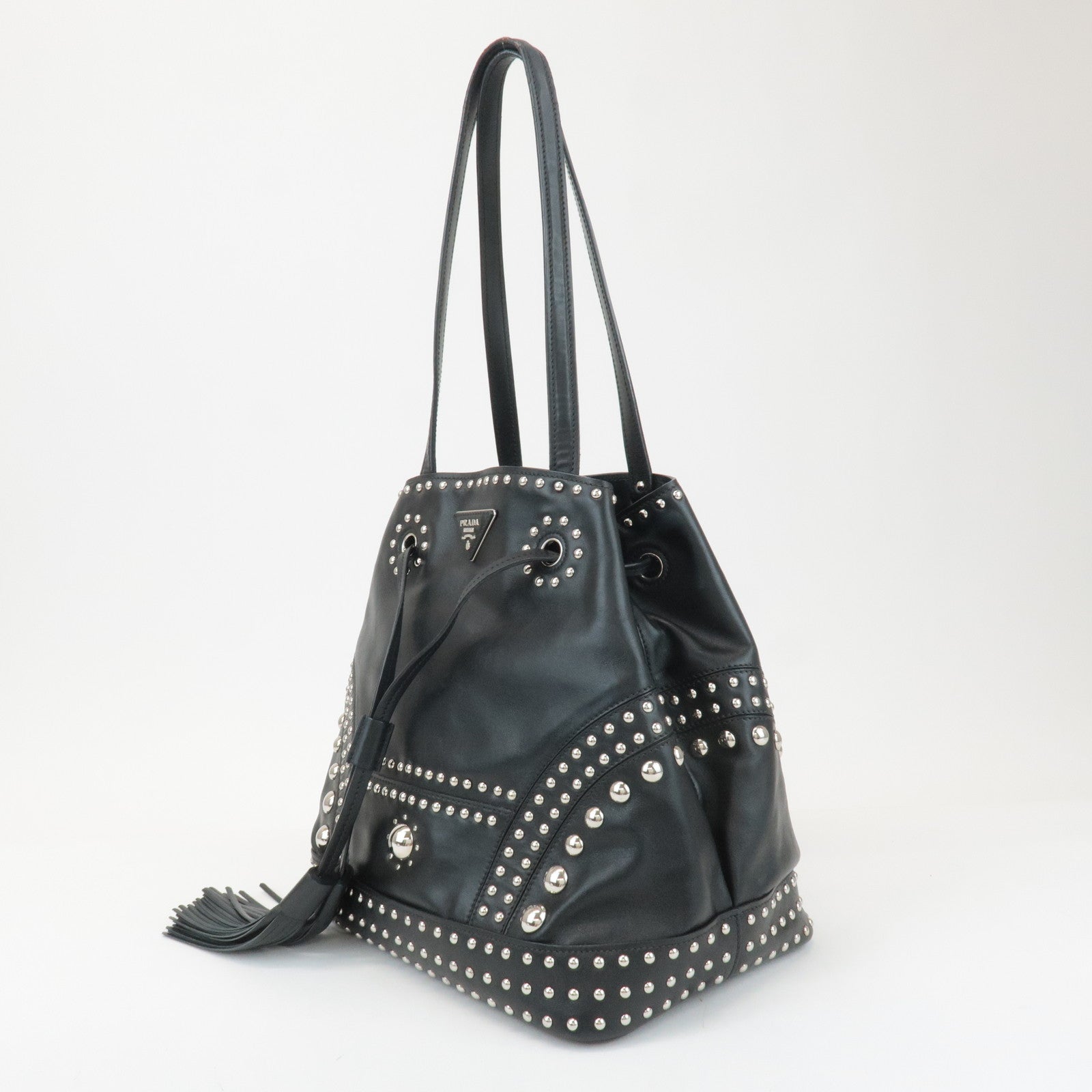 PRADA Calf Leather Drawstring Shoulder Bag Studs Tassel B5061M