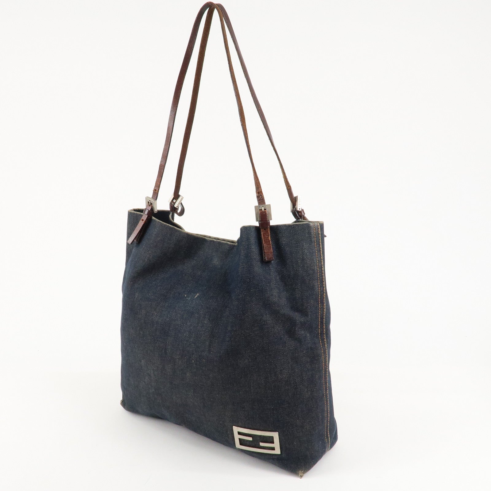 FENDI Denim Leather Tote Bag Shoulder Bag Navy Brown 26633