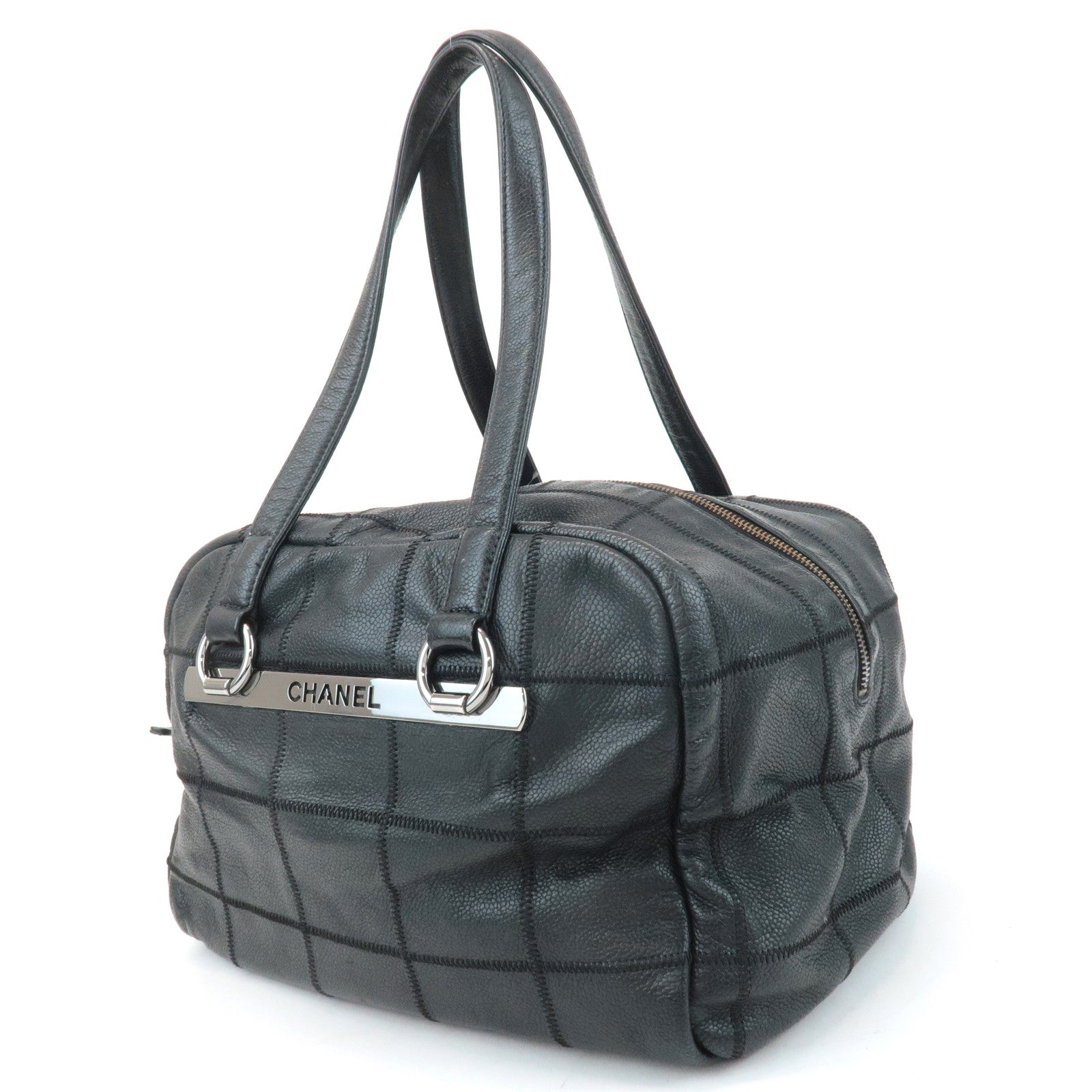 CHANEL Chocolate Bar Caviar Skin Mini Boston Bag Black A26135 Used