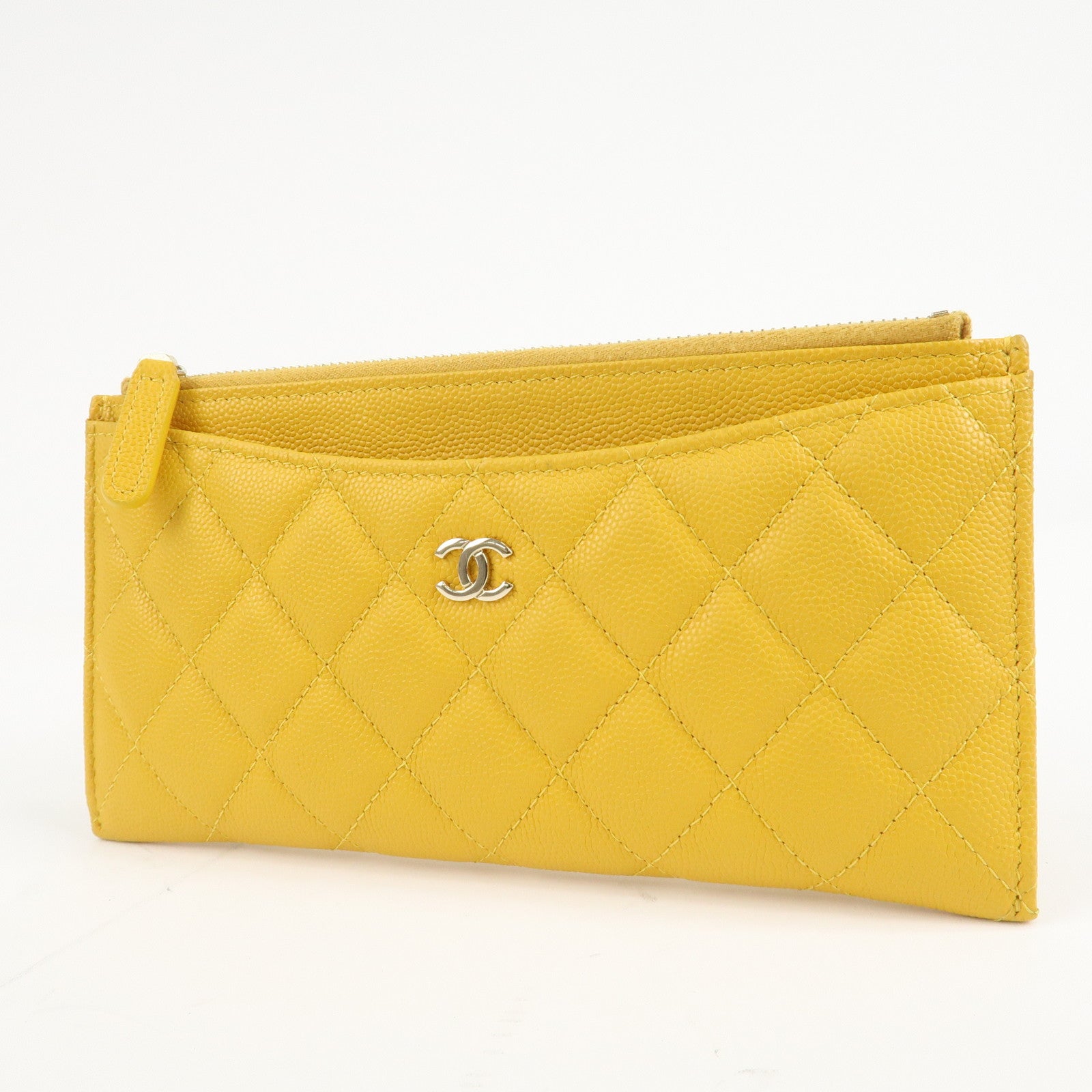 CHANEL Matelasse Caviar Skin Fragment Case Card Case Yellow Used