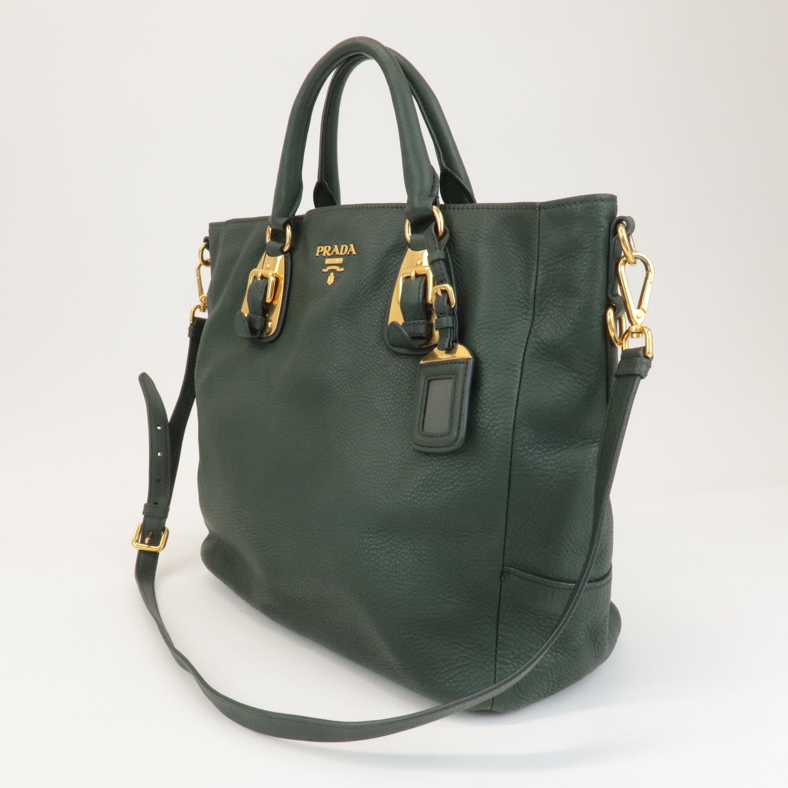 PRADA Leather 2Way Hand Bag Shoulder Bag Green Gold Hardware