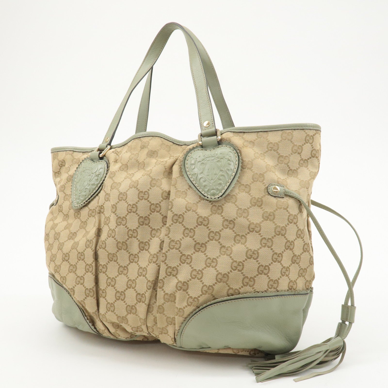 GUCCI GG Canvas Leather Tote Bag Beige Light Green 211954