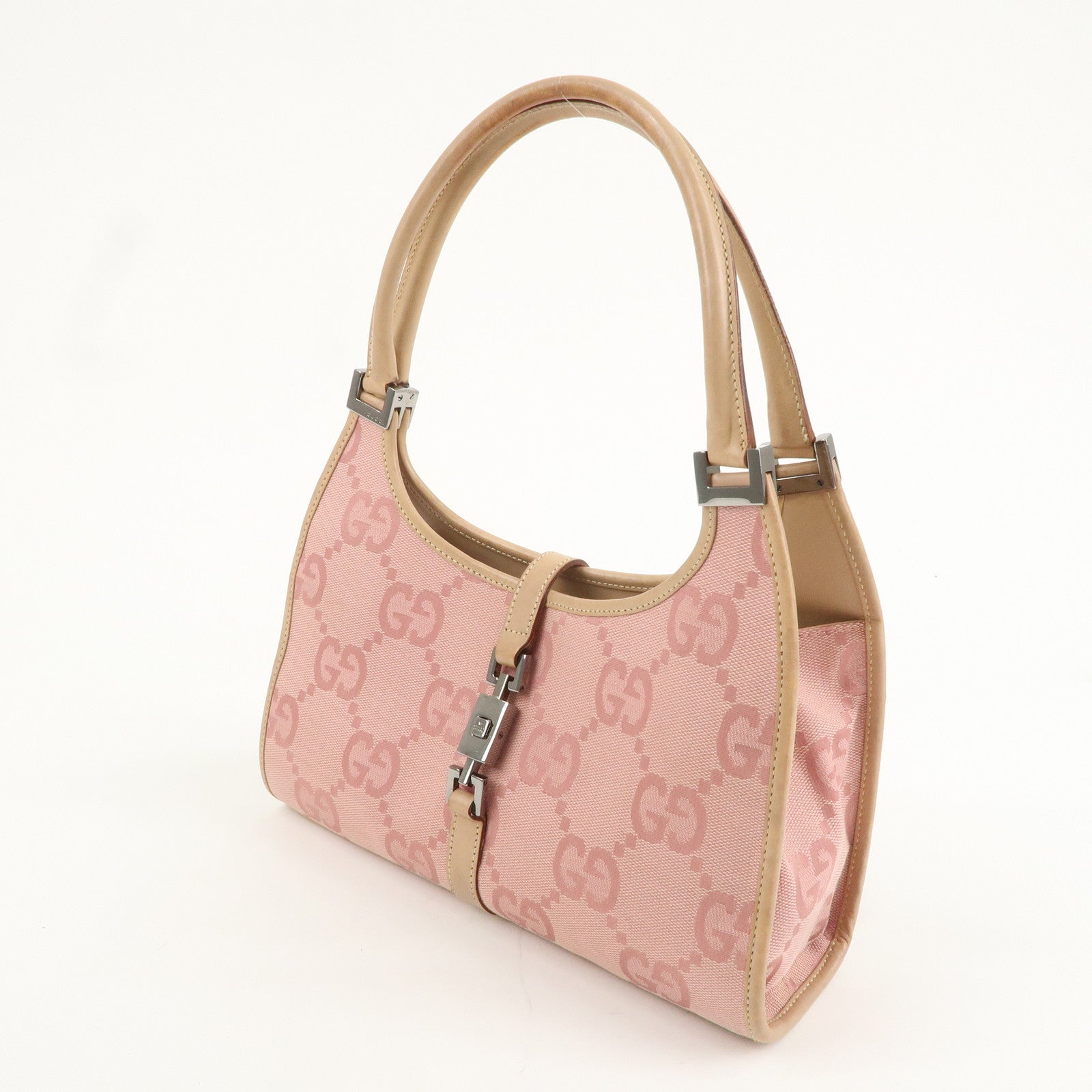 GUCCI Jackie Jumbo GG Canvas Leather Hand Bag Pink Beige 002.1068