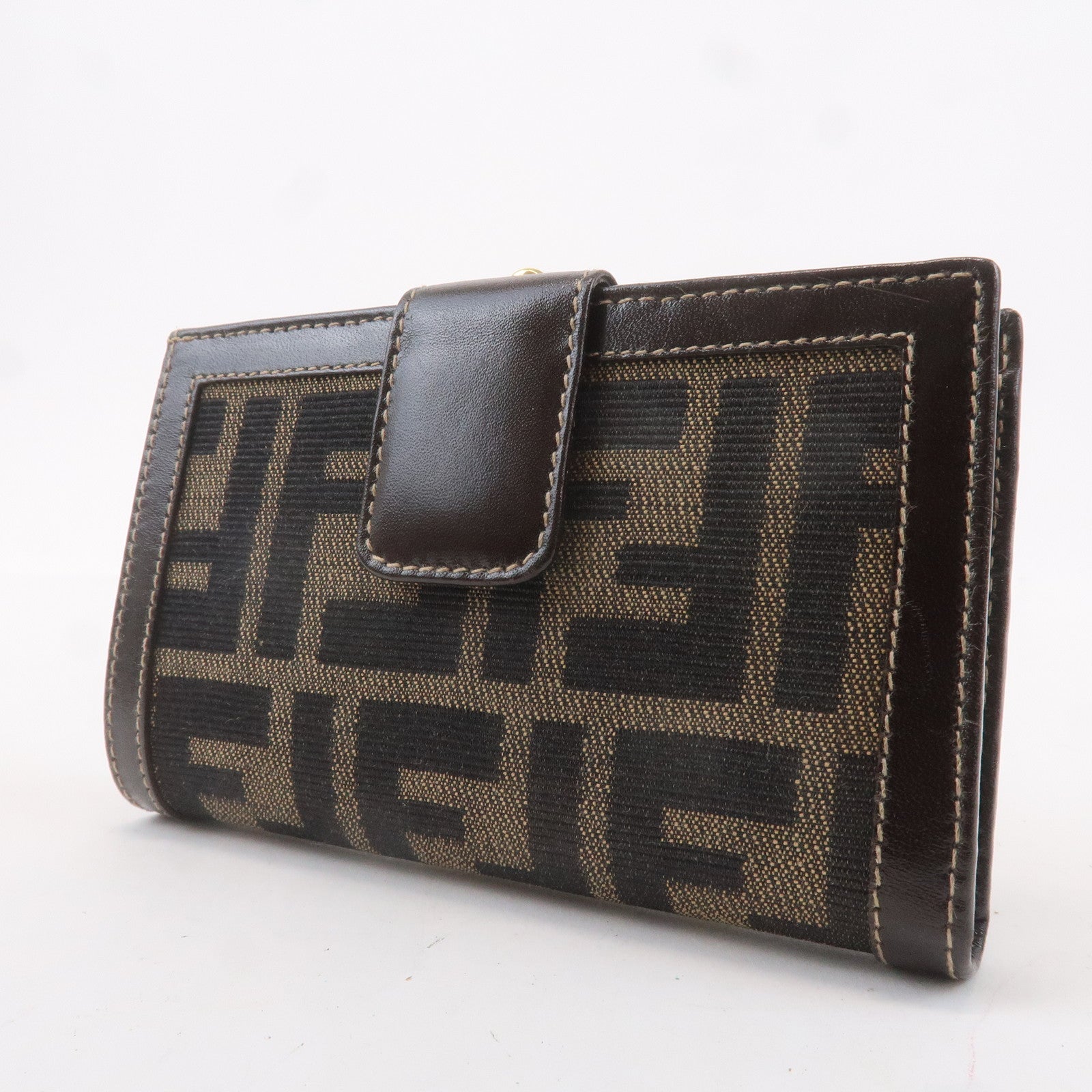 FENDI Zucca Canvas Leather Kiss Lock Bi-fold Wallet Brown 1692