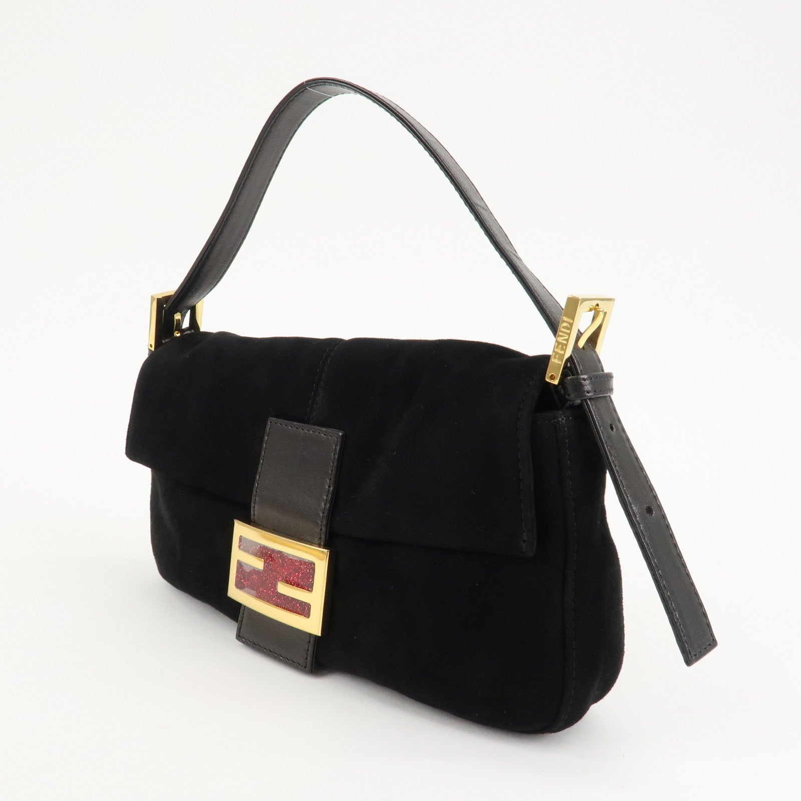 FENDI Mamma Baguette Suede Leather Shoulder Bag Black 26424