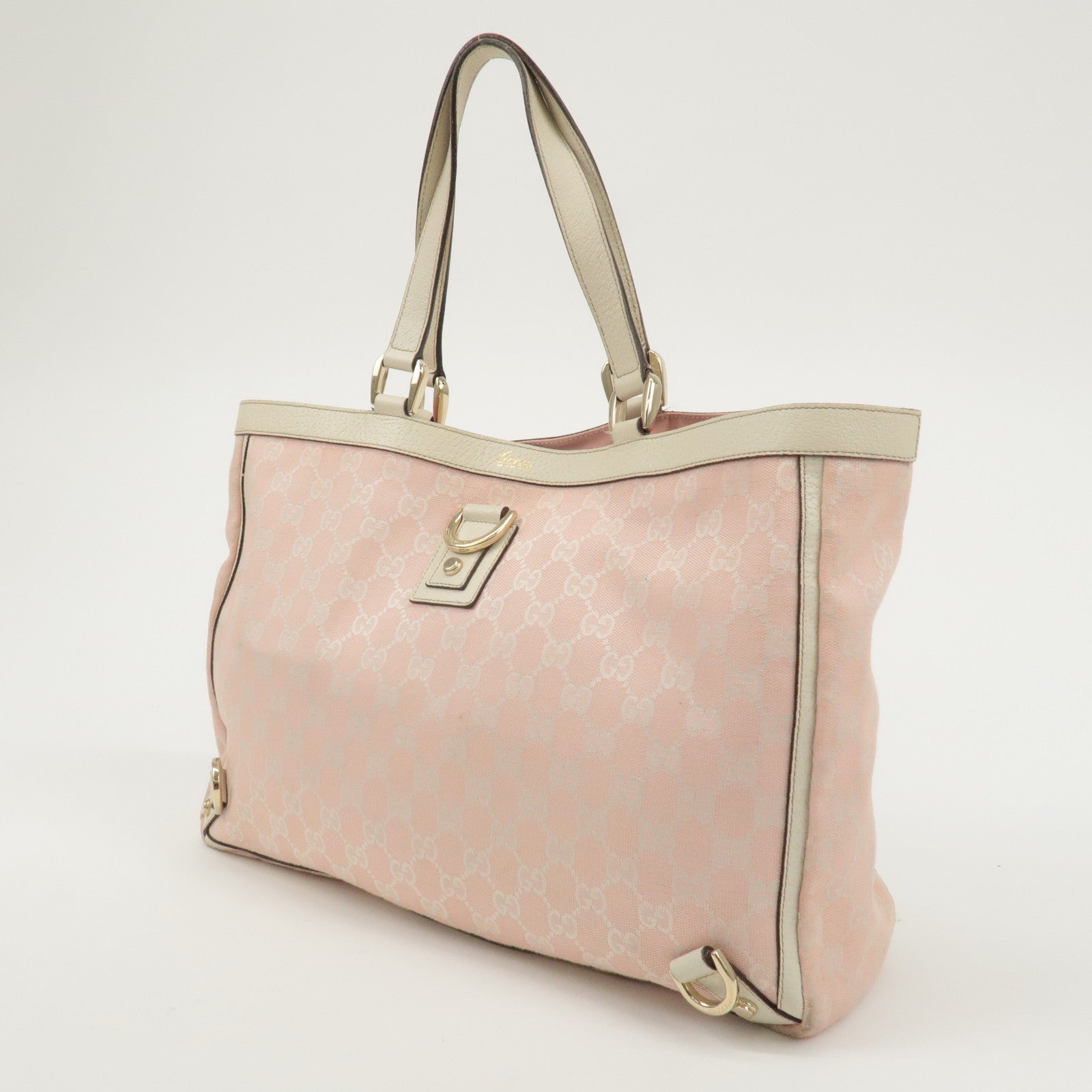 GUCCI Abbey Line GG Canvas Leather Tote Bag Pink Ivory 141472