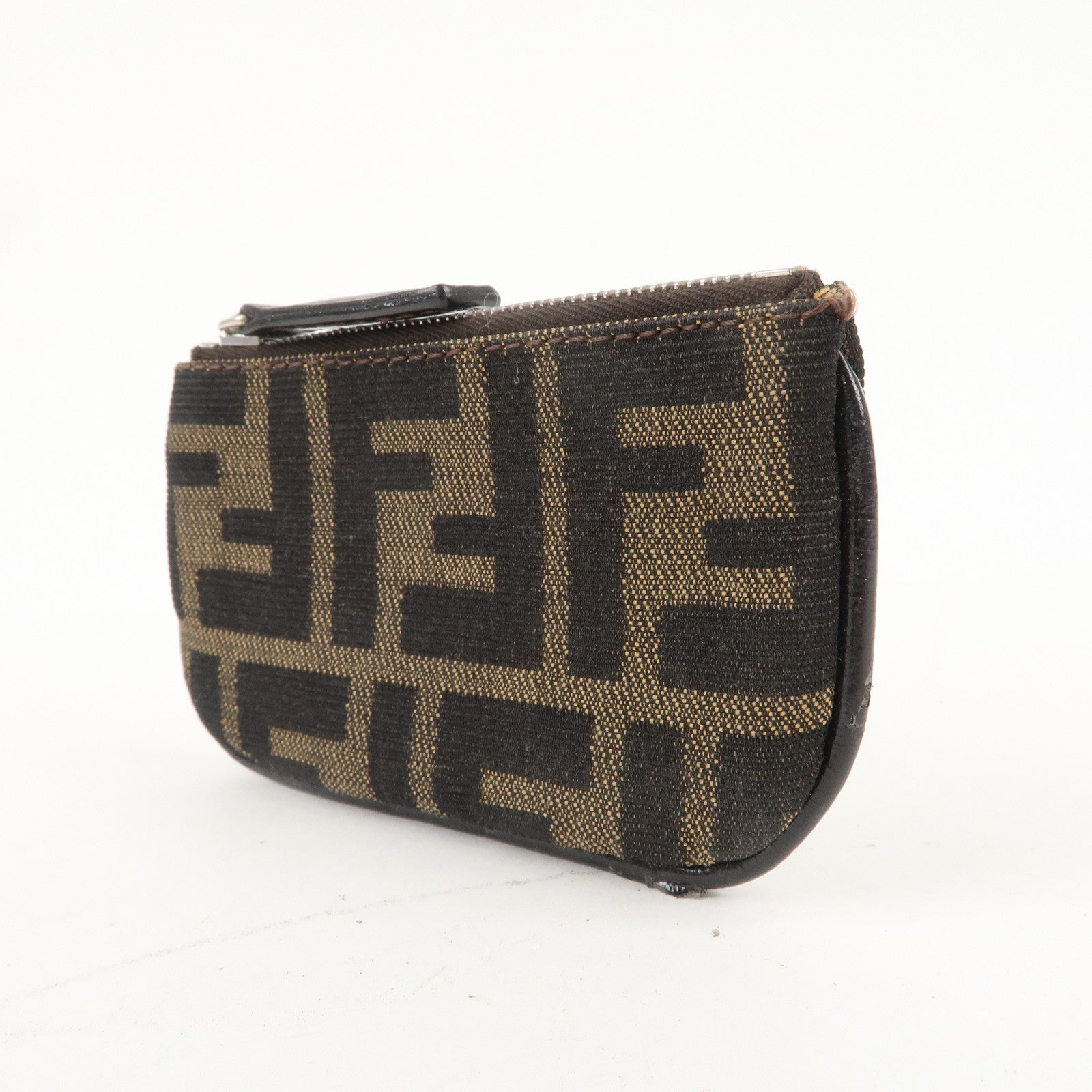 FENDI Zucca Canvas Leather Coin Purse Brown Black