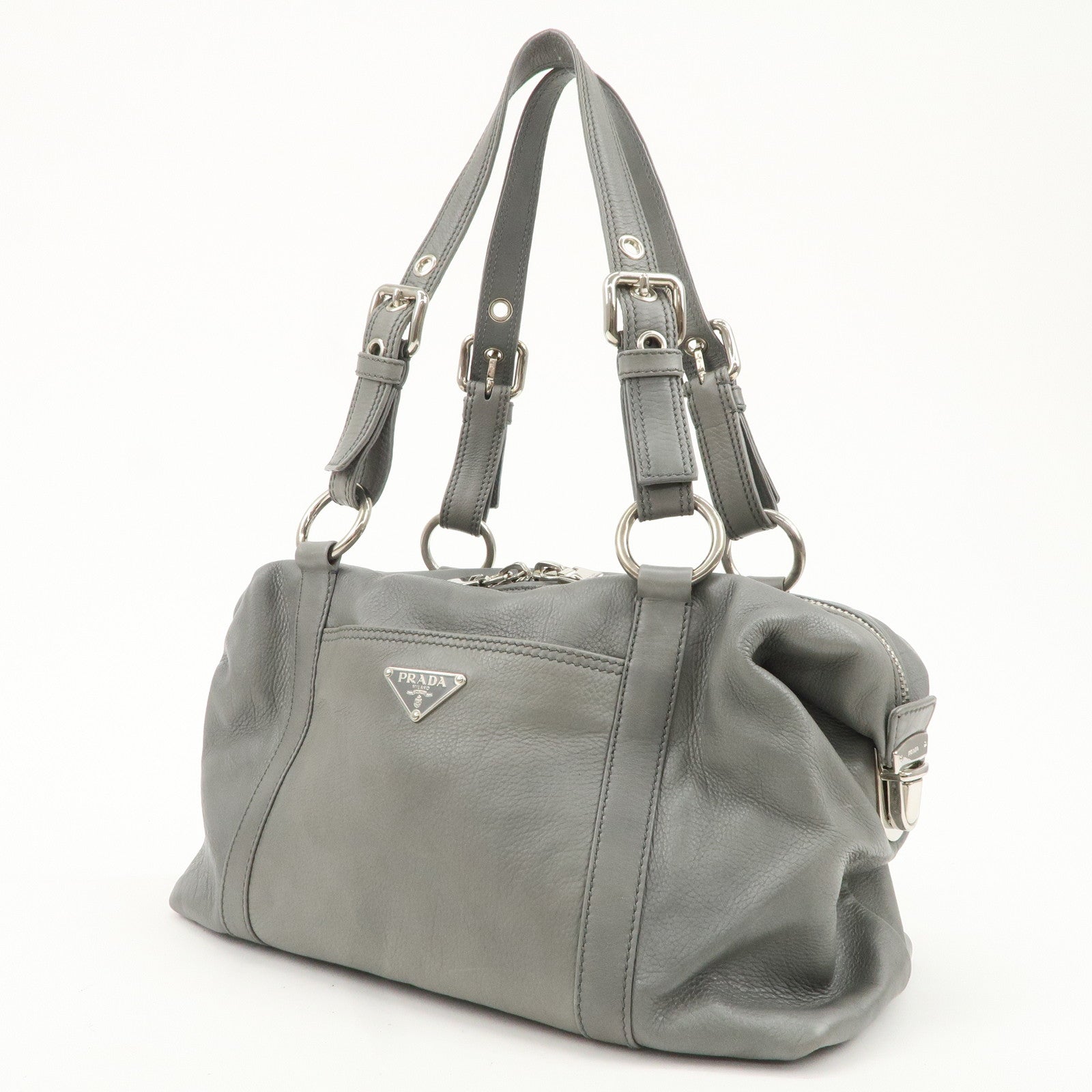 PRADA Leather Boston Bag Shoulder Bag Gray Silver Hardware