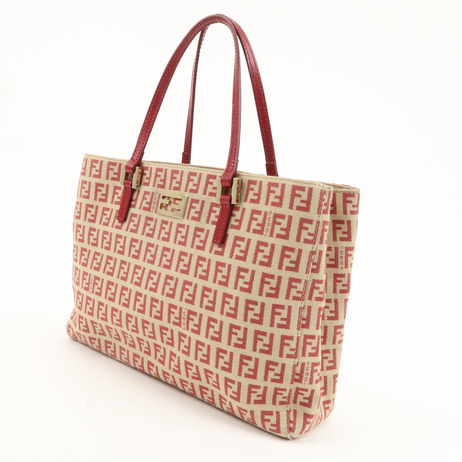 FENDI Zucchino Canvas Leather Tote Hand Bag Beige Red 8BH132