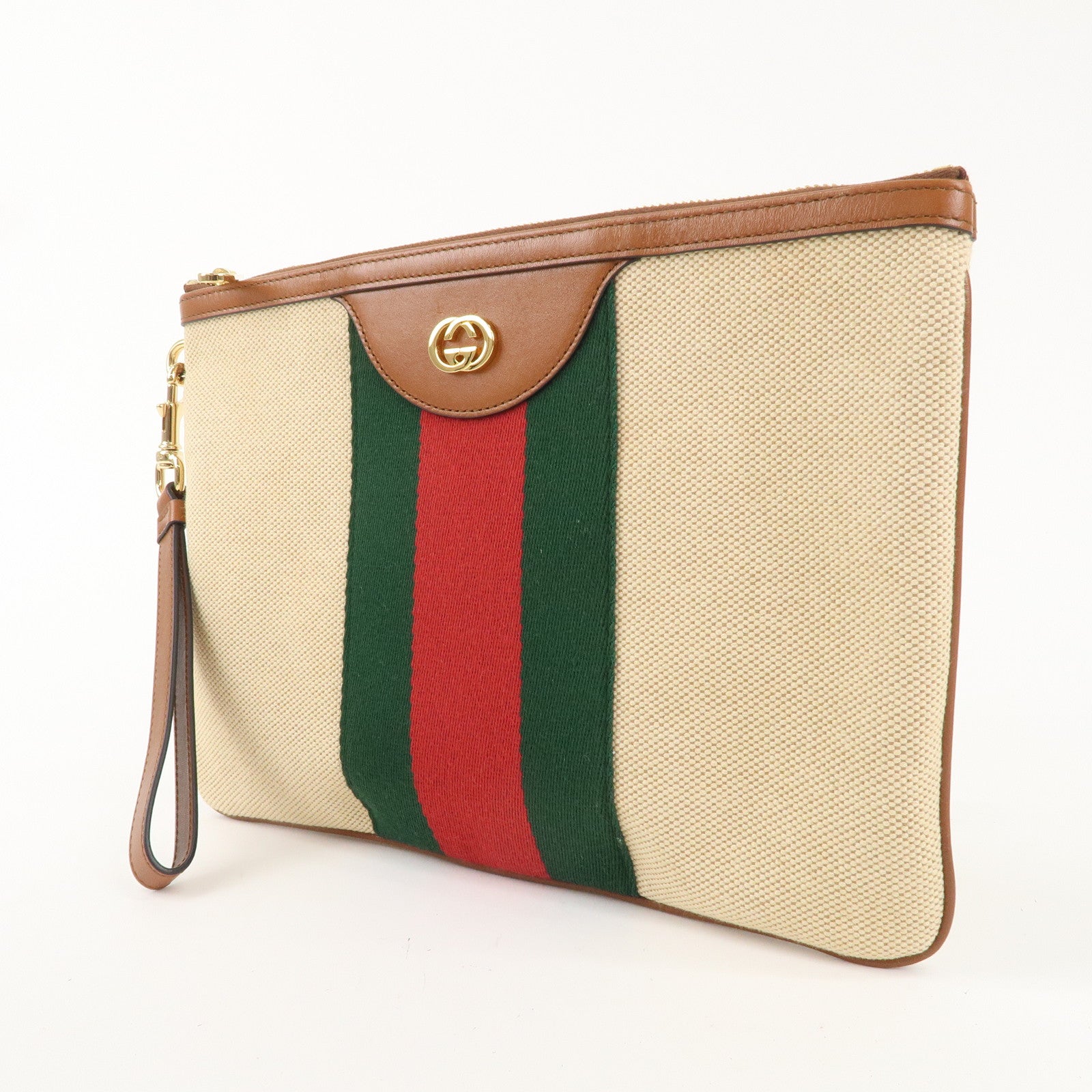 GUCCI Sherry Interlocking G Canvas Leather Clutch Bag Beige 576053