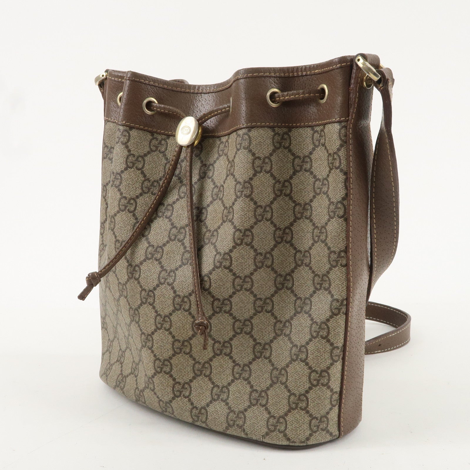 GUCCI Old Gucci GG Plus Leather Drawstring Shoulder Bag Brown